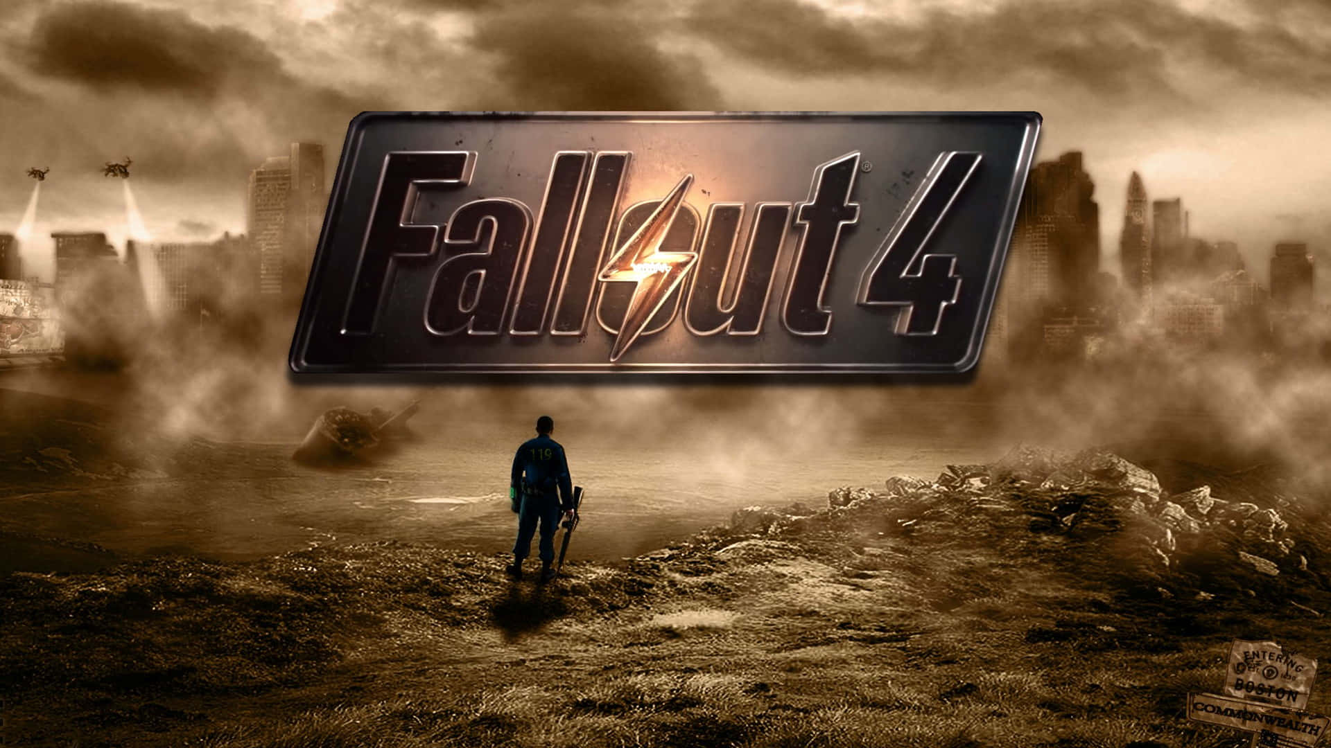 桌布 壁紙 — 一個孤獨的倖存者站在荒蕪的廢土上，凝視著 Fallout 4 標誌，而廢棄的城市摩天大樓在暴風雨的天空下若隱若現。