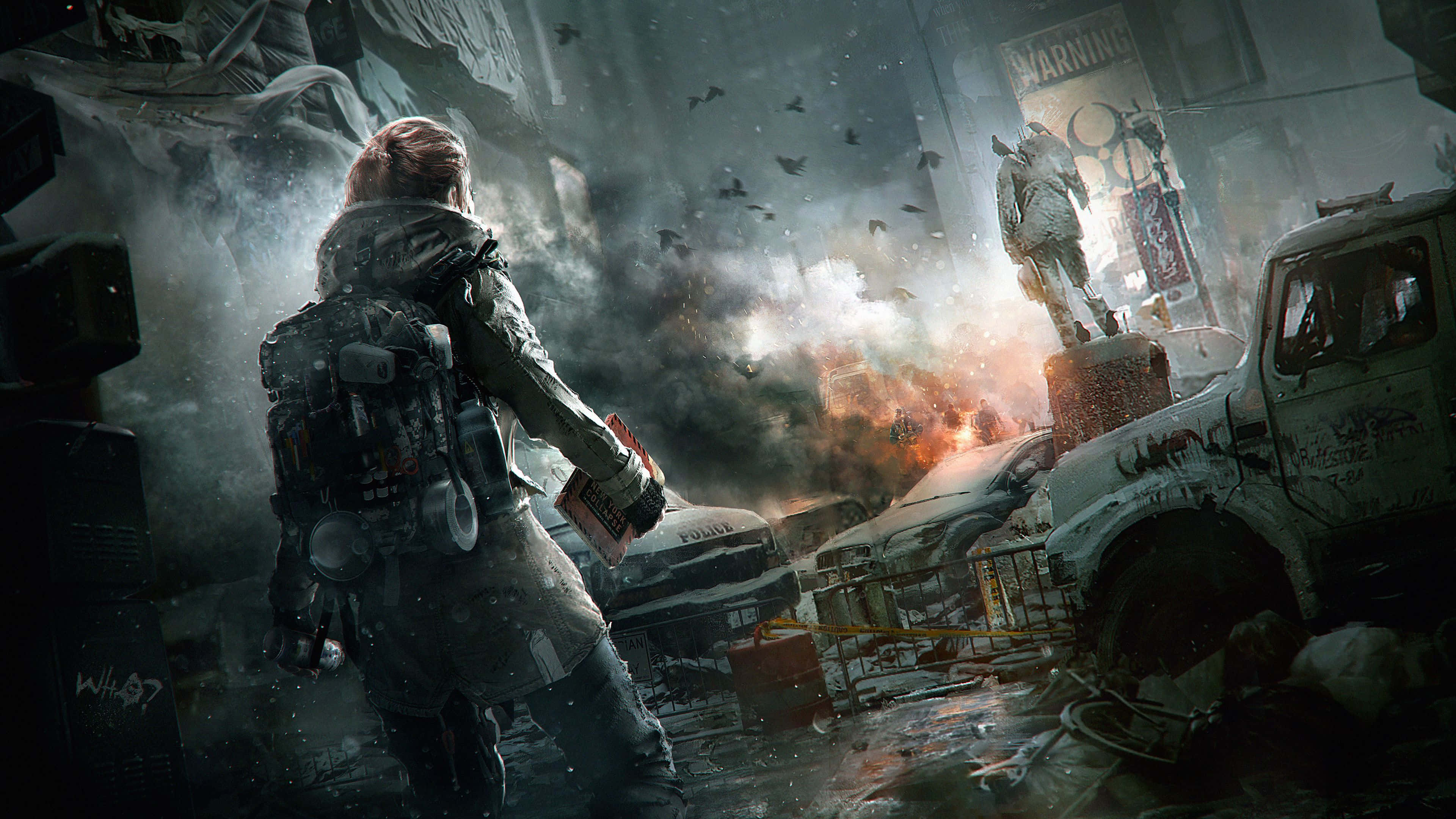 the division 4K 桌布 壁紙 — 一個孤獨的倖存者站在骯髒的末世後城市街道上，四周是燃燒的殘骸和飛揚的碎片。