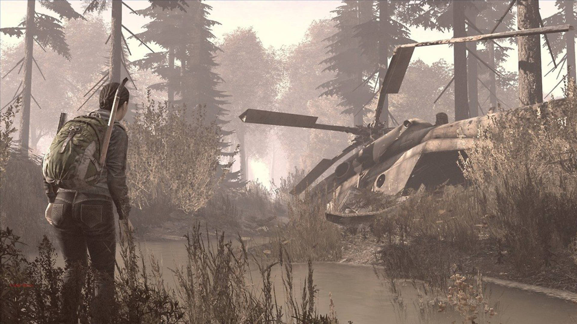 DayZ 桌布 壁紙 — 一個孤獨的倖存者背著背包和步槍，站在霧氣瀰漫的森林空地中一架墜毀的直升機旁。
