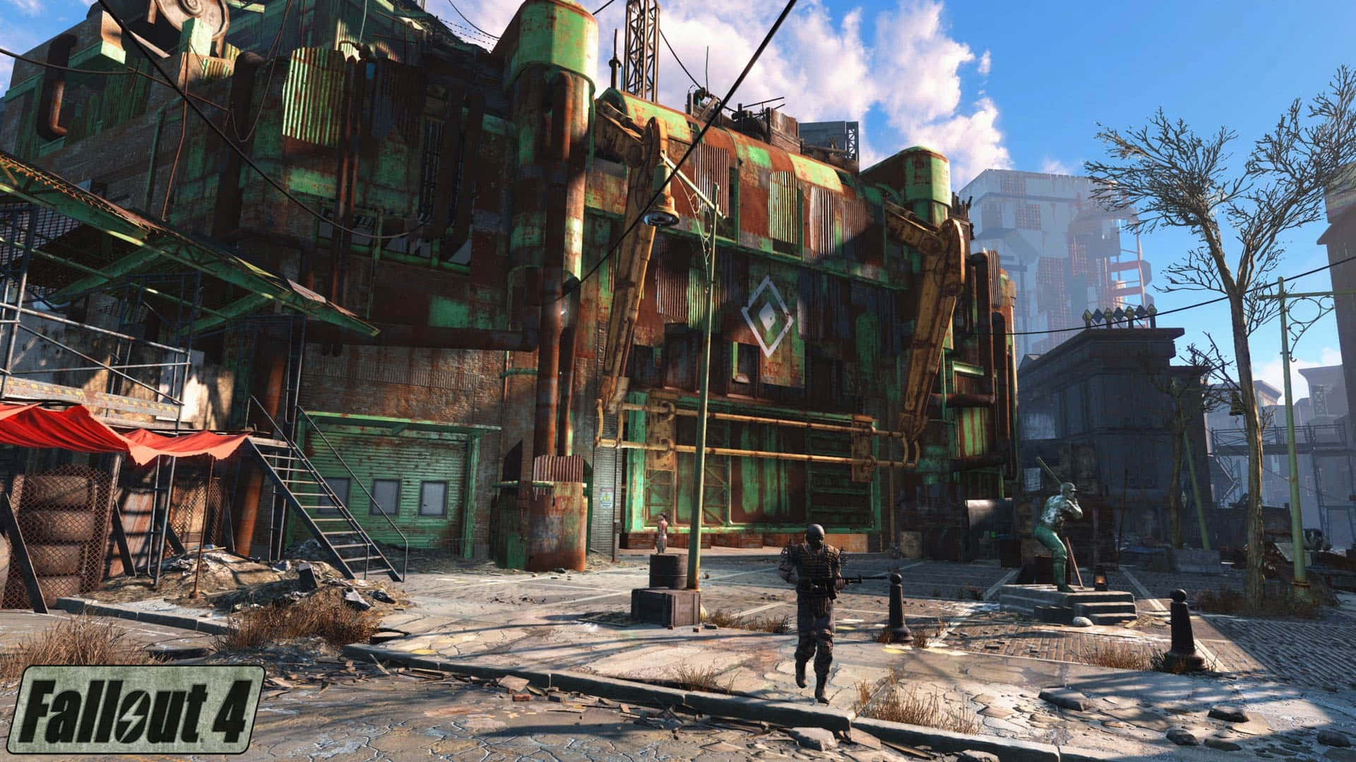 Fallout 4 Wasteland 桌布 壁紙 — 一個孤獨的倖存者走過一個陽光普照、生鏽的城市荒地，周圍是破舊的建築物和茂密的植被。