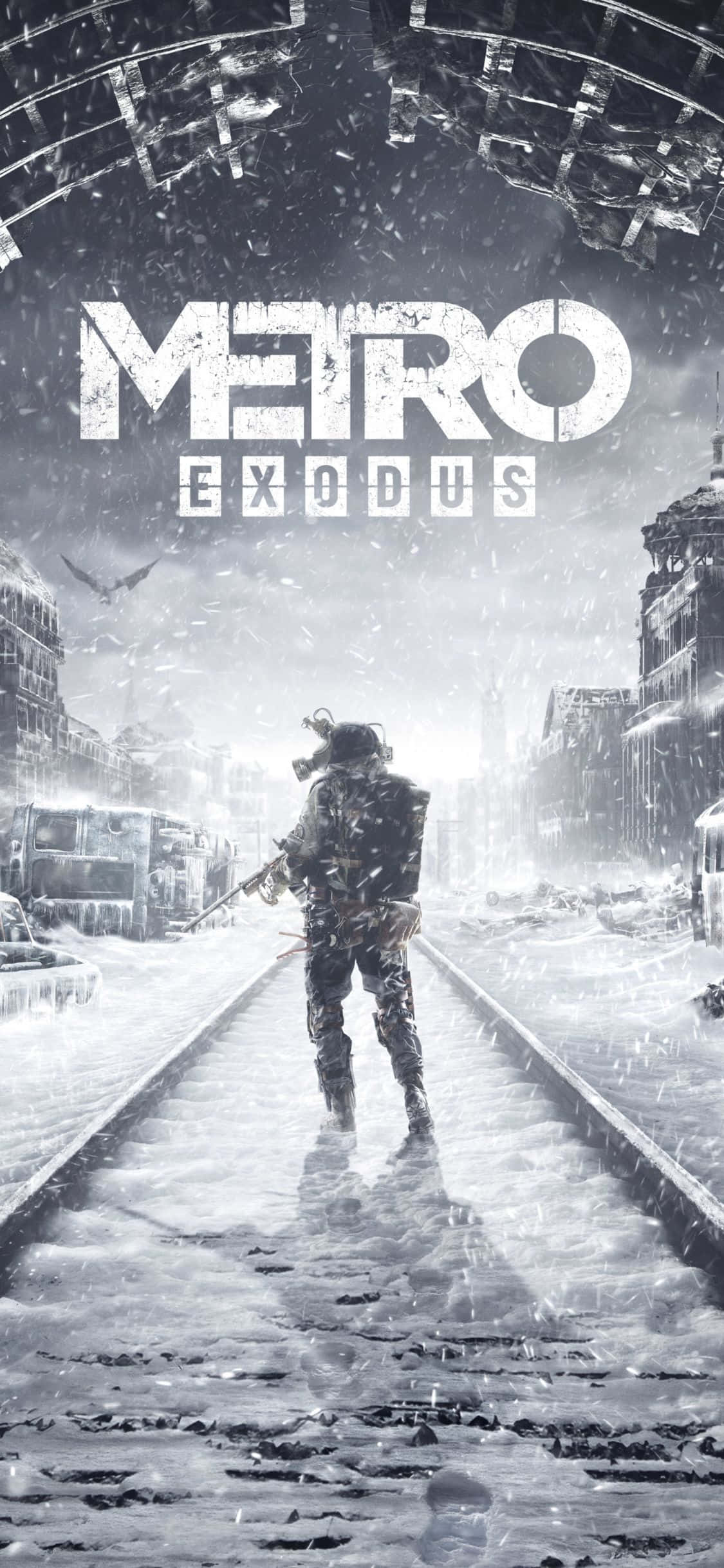 iPhone X Metro Exodus 桌布 壁紙 — 一個孤獨的倖存者走過被雪覆蓋的廢墟城市景觀，在末世後的冬季場景中。