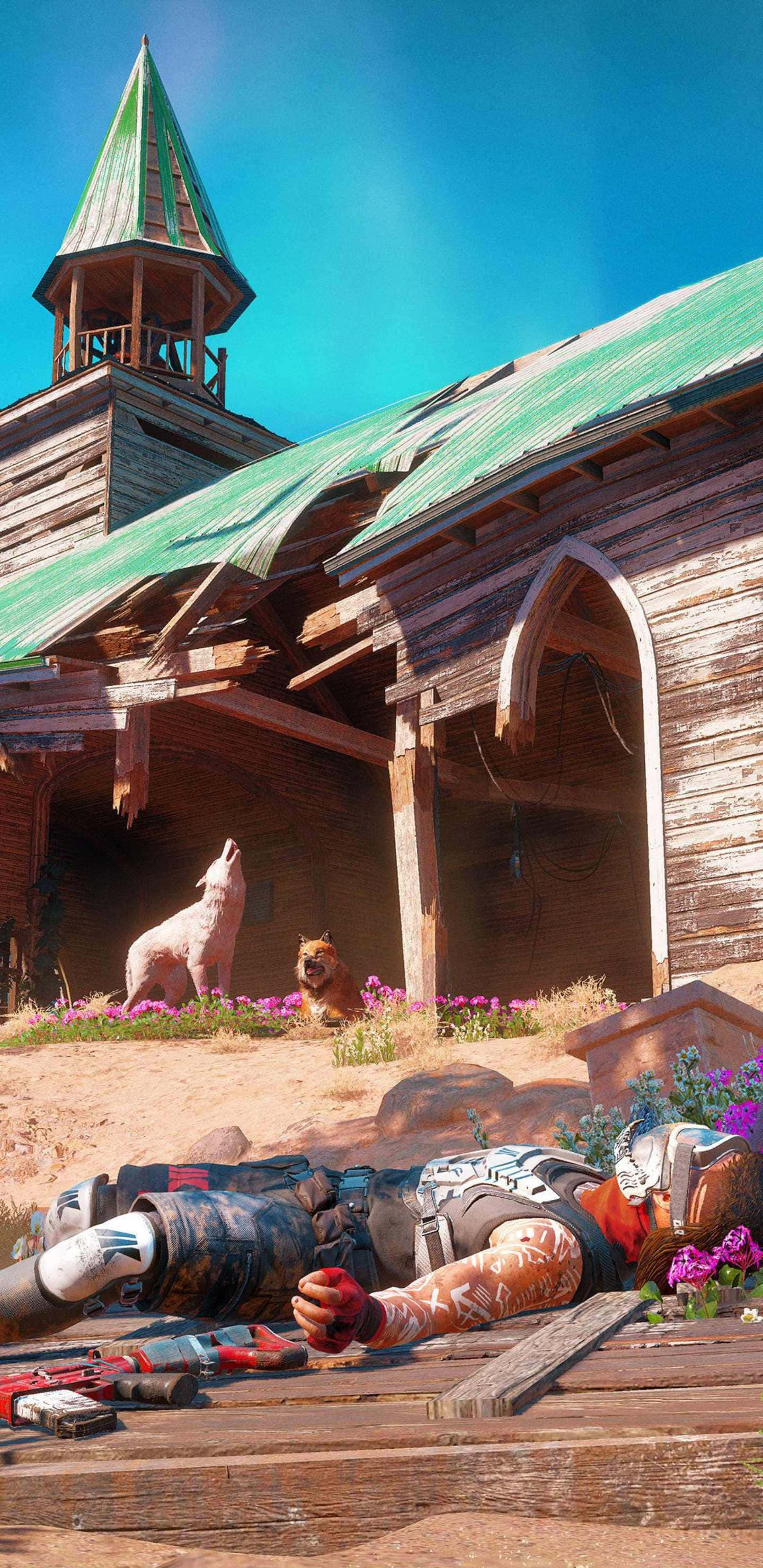 Android Far Cry New Dawn 桌布 壁紙 — 一個孤獨的倖存者躺在木板上，前面是一座破舊的教堂，屋頂是綠色的，附近有兩隻狗，在明亮的藍天下。