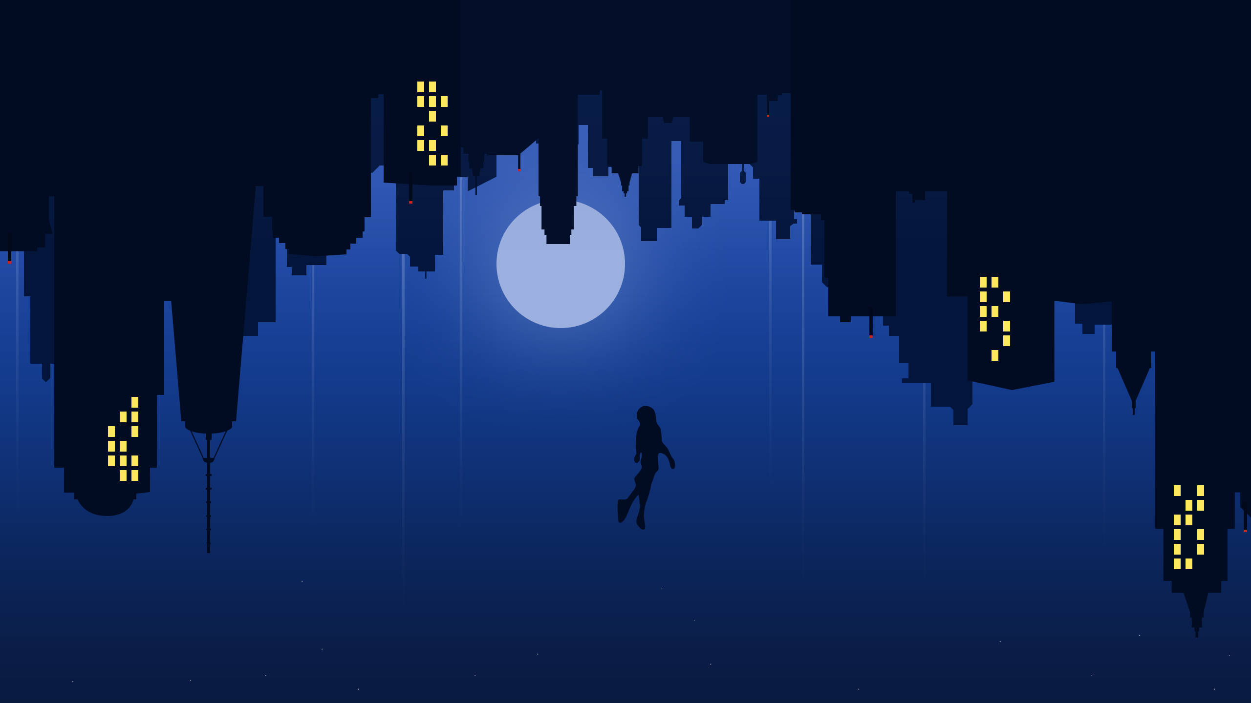 Into The Spider Verse 桌布 壁紙 — 一個孤獨的像素藝術人物在倒置的城市景觀中，在發光的月亮下行走，周圍有懸掛的摩天大樓和黃色燈光。