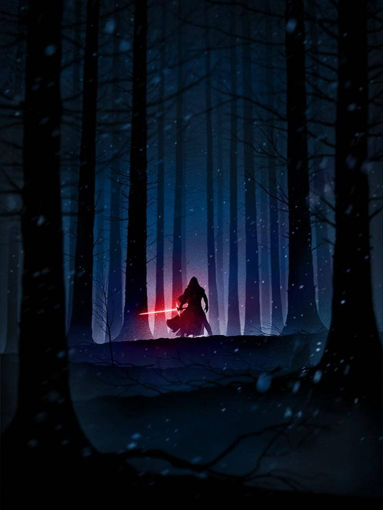 Kylo Ren 桌布 壁紙 — 一個孤獨的兜帽人物在星空下的雪夜森林中揮舞著發光的紅色光劍。