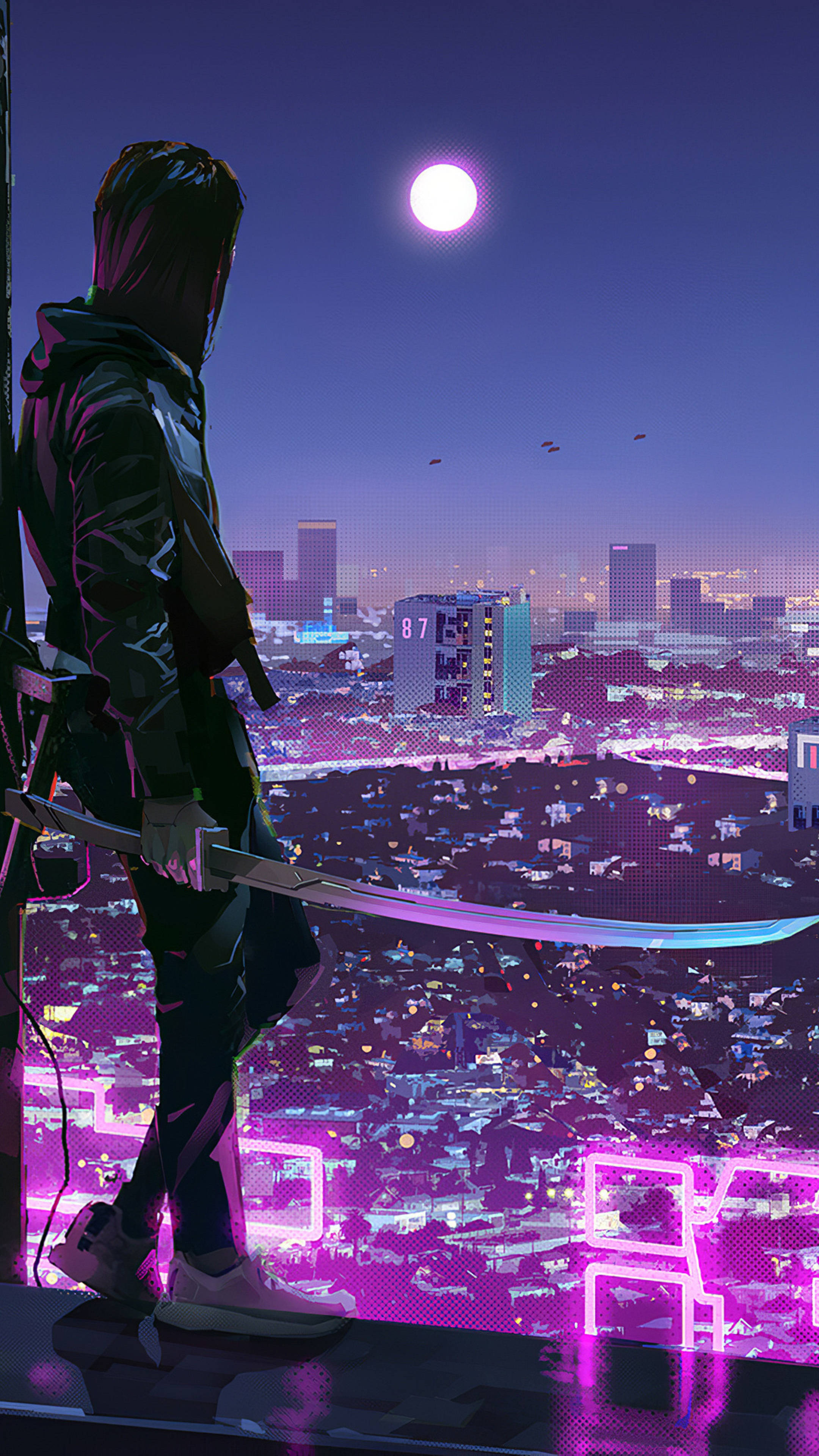 電玩遊戲 桌布 壁紙 — 一個孤獨的兜帽人物站在屋頂上，手持發光劍，俯瞰著在明亮紫色月亮下霓虹閃爍的賽博龐克城市景觀。