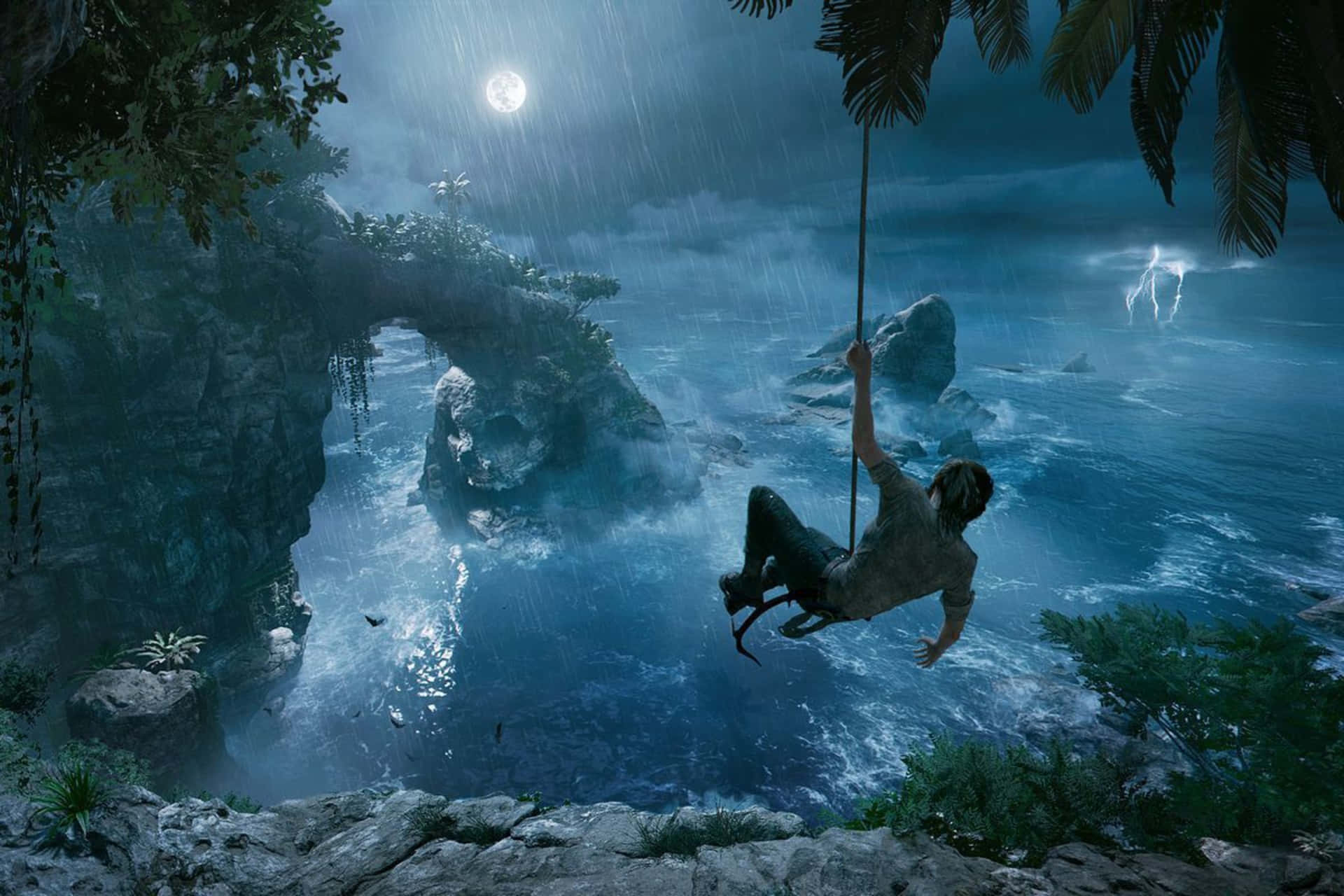 電玩遊戲 桌布 壁紙 — 一個孤獨的冒險家在月光下的暴風雨中，在波濤洶湧的海面上盪著繩索，閃電照亮了叢林懸崖。