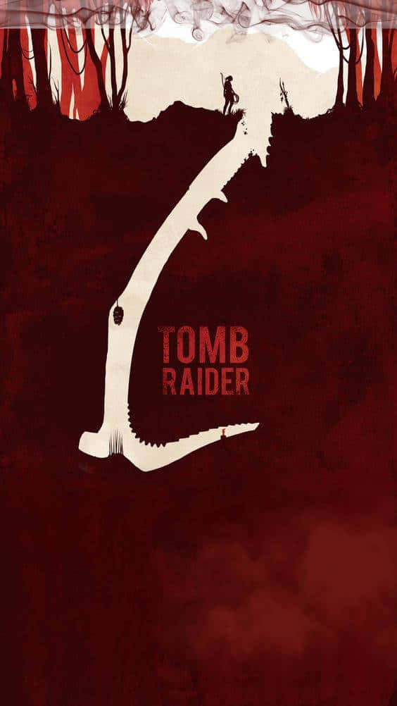 iPhone Xs Rise Of The Tomb Raider 桌布 壁紙 — 一個孤獨的冒險家攀爬著鋸齒狀的懸崖，背景是血紅色的天空，由光禿禿的樹木框住。