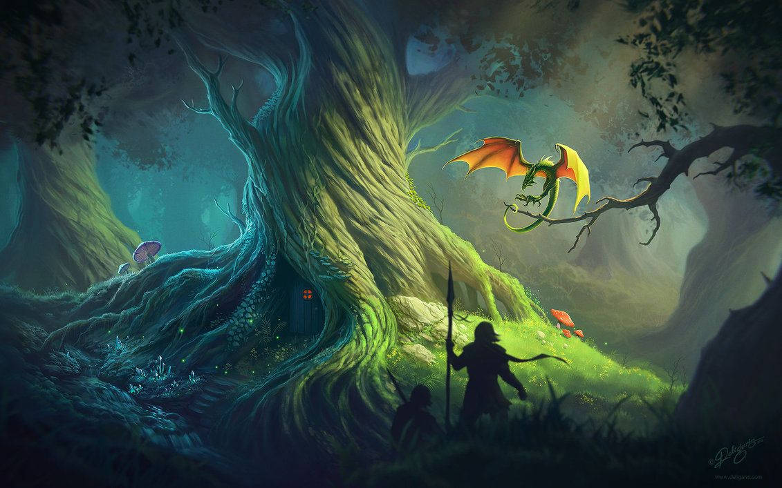 Deviantart 桌布 壁紙 — 一個孤獨的冒險家站在一棵巨大的發光樹前，一隻小龍棲息在神秘森林的樹枝上。