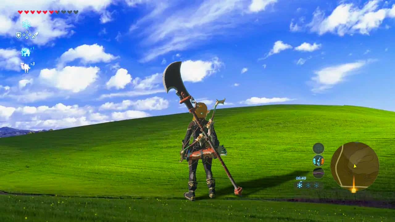 Windows XP 桌布 壁紙 — 一個孤獨的冒險家站在充滿活力的綠色山丘上，在點綴著蓬鬆白雲的明亮藍天下，手持一把巨大的彎曲劍。