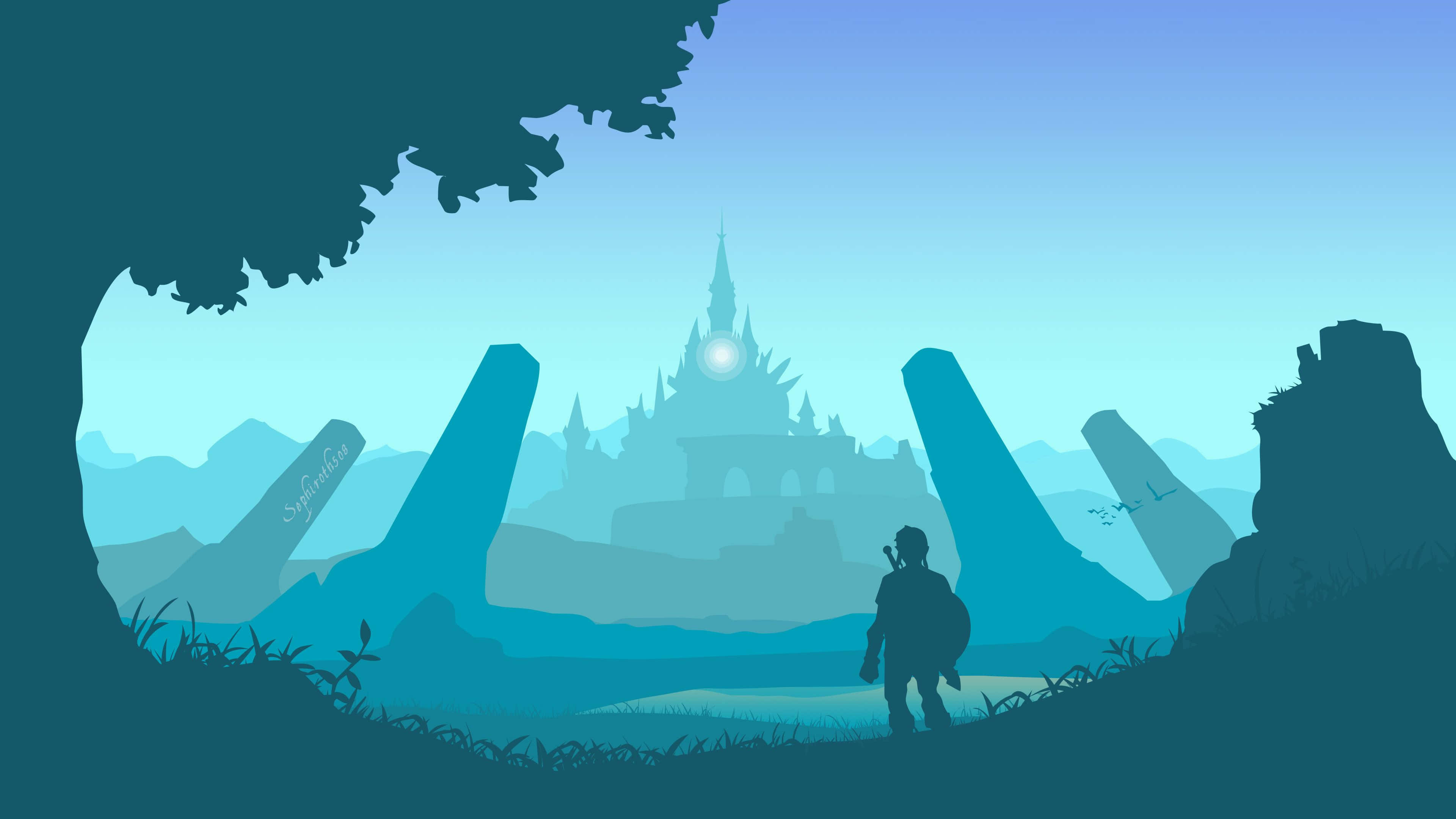 Breath Of The Wild 桌布 壁紙 — 一個孤獨的冒險家站在樹下形成剪影，凝視著在柔和藍色暮色天空下由古老石柱框住的遙遠城堡。