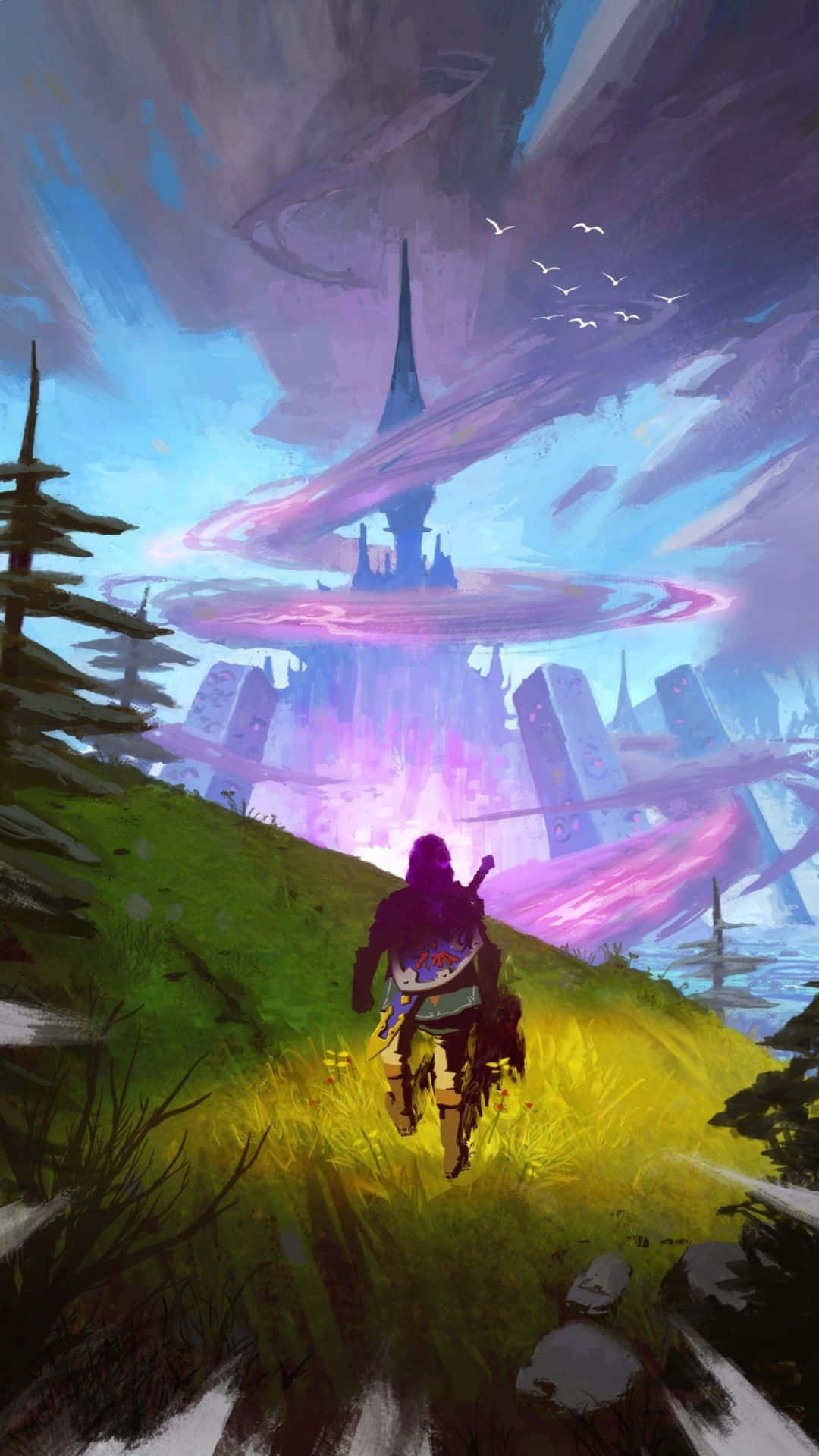 game 桌布 壁紙 — 一個孤獨的冒險家走上山坡，朝向風暴天空下一個發光的紫色浮空城市。