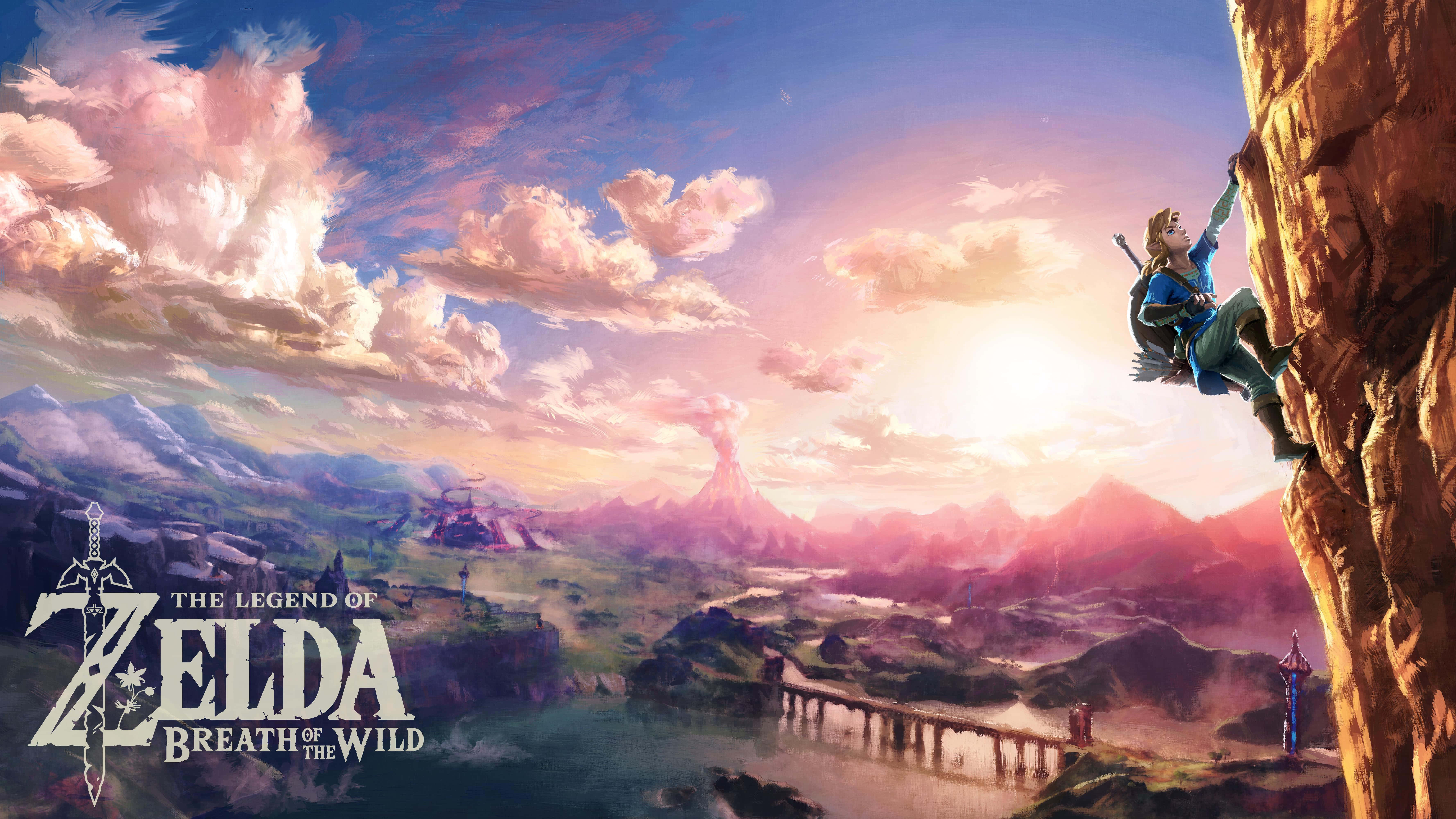 Botw 桌布 壁紙 — 一個孤獨的冒險者在日落時分攀爬懸崖，俯瞰著廣闊的奇幻景觀，有山脈、河流和遠處的城堡。