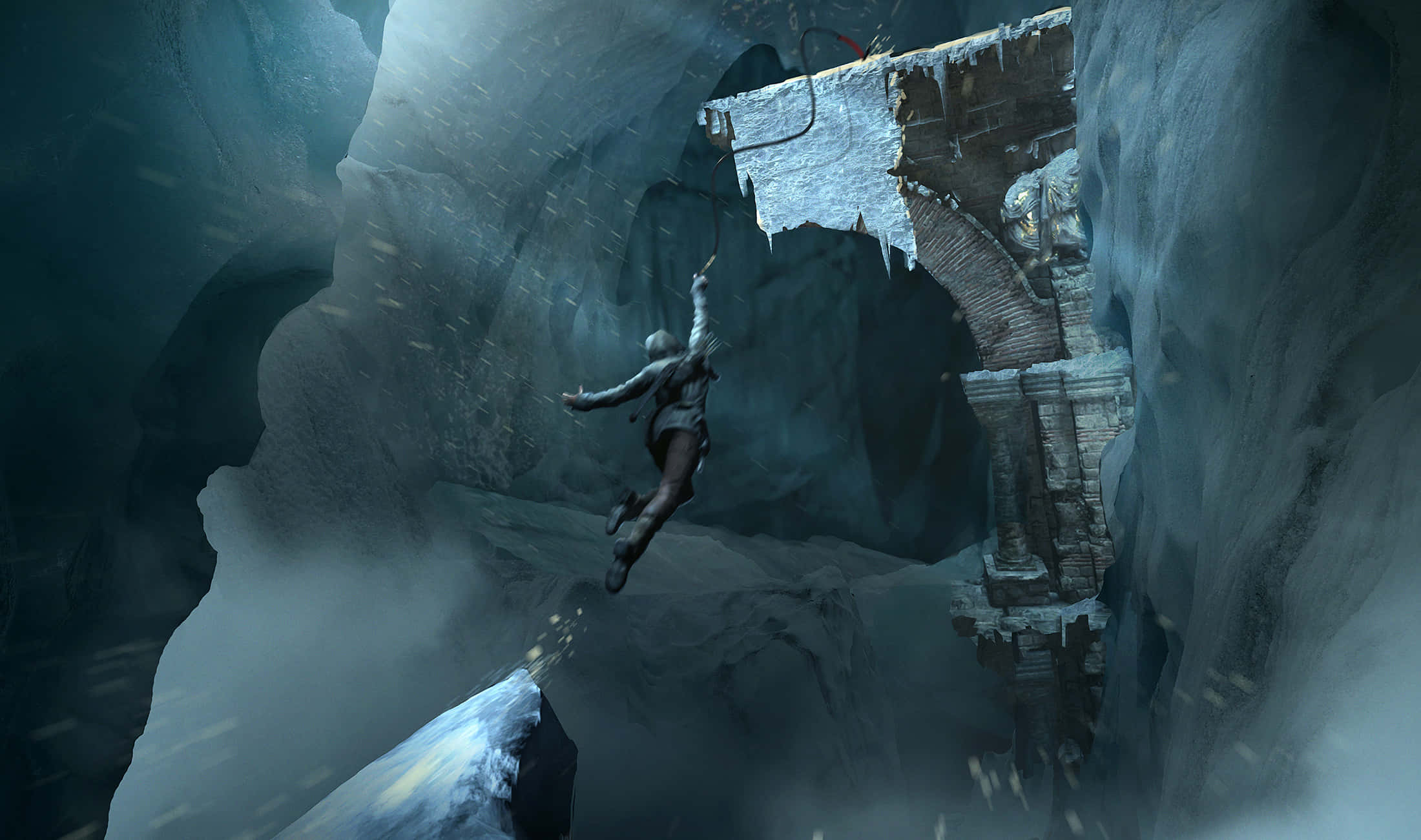 Rise Of The Tomb Raider 桌布 壁紙 — 一個孤獨的冒險者穿過霧氣瀰漫的冰洞，盪向一座搖搖欲墜的石頭廢墟。
