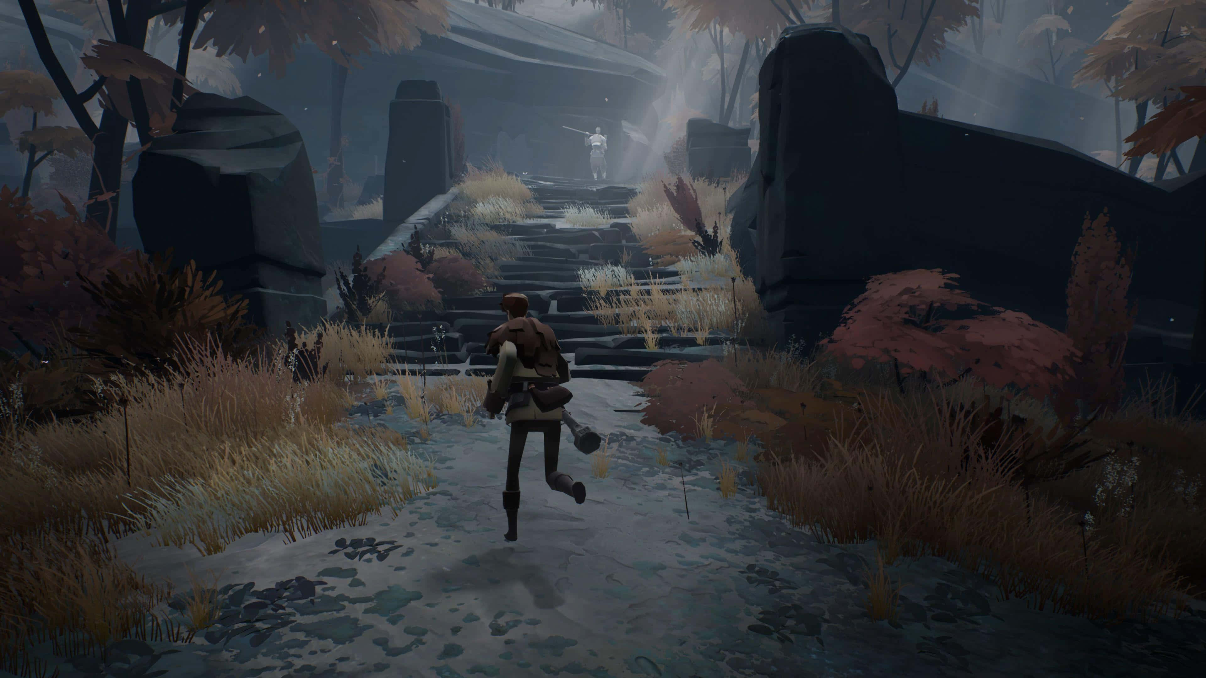 Ashen 桌布 壁紙 — 一個孤獨的冒險者跑上霧氣瀰漫的石階，穿過陰森的秋日森林，朝著遠處一個發光的身影前進。
