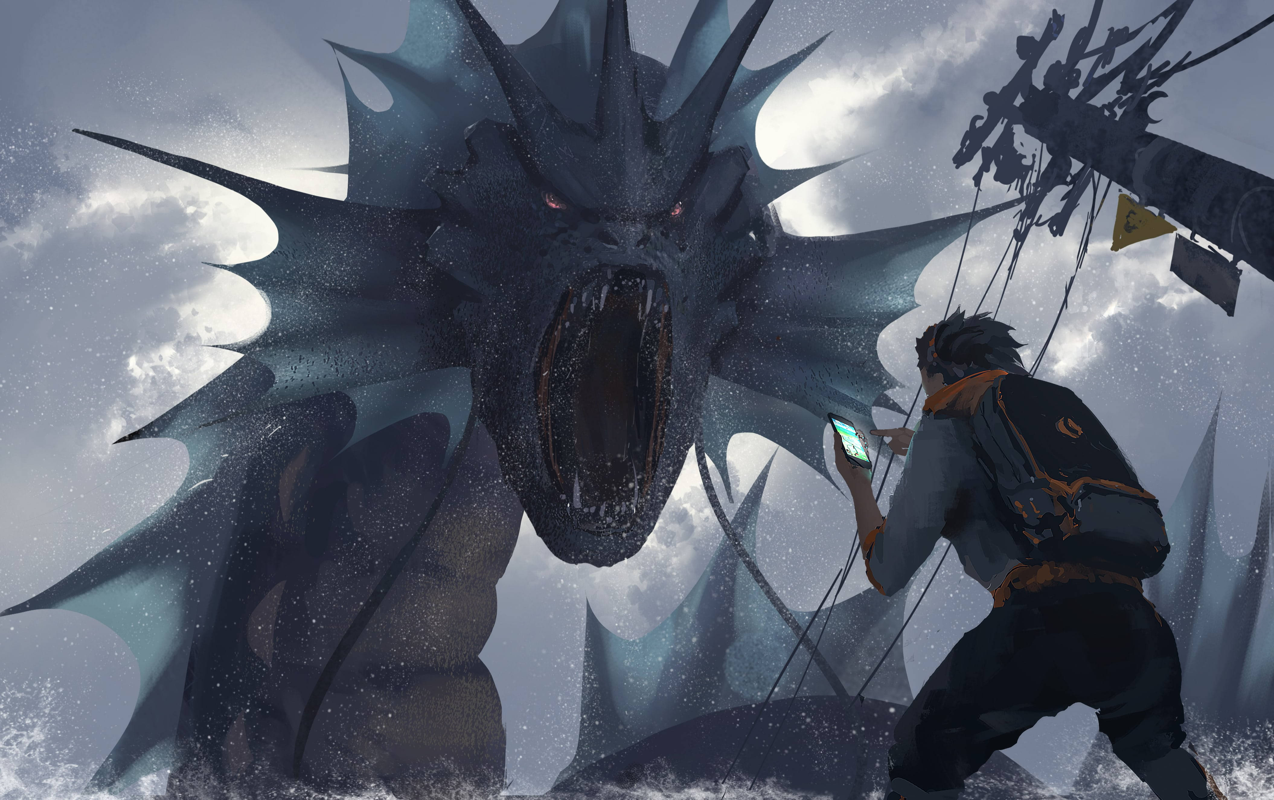 Gyarados 桌布 壁紙 — 一個孤獨的冒險者蹲在暴風雨的懸崖上，勇敢地面對一個巨大的、帶有尖刺、眼睛發紅光的海怪。