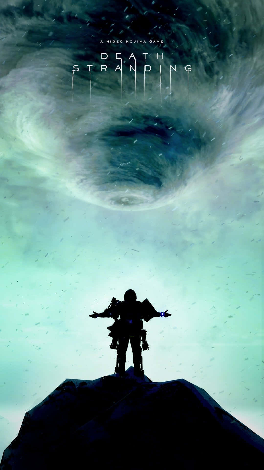 Death Stranding Mobile 桌布 壁紙 — 一個孤獨的剪影人物站在岩石山峰上，上方是青綠色和灰色天空中一個巨大的旋轉漩渦。