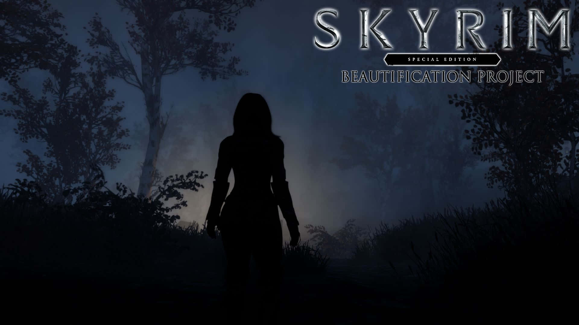 Skyrim Special Edition 桌布 壁紙 — 一個孤獨的剪影人物站在暮色中霧氣瀰漫的森林裡，下方是 Skyrim Special Edition Beautification Project 標誌。