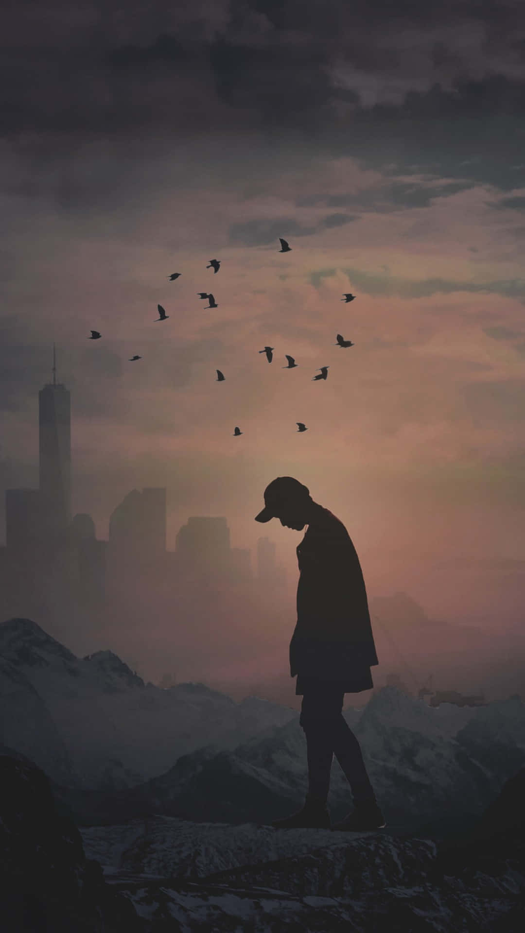 一個人在雪山上的剪影，俯瞰黃昏時分的城市，鳥兒飛翔。 — 單身男孩 壁紙