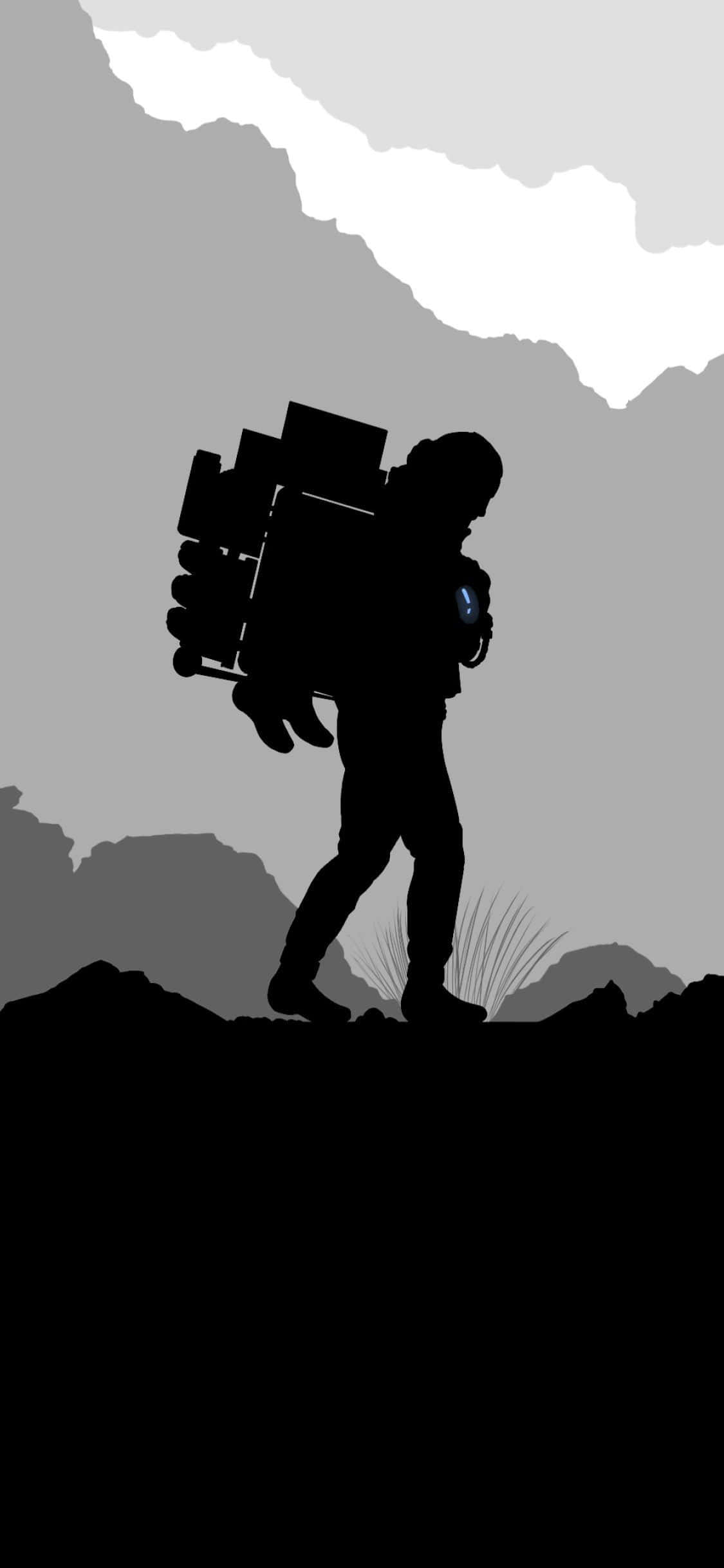 iPhone X Death Stranding 桌布 壁紙 — 一個孤獨的剪影人物背著一堆沉重的箱子，穿越多雲天空下的崎嶇山地。