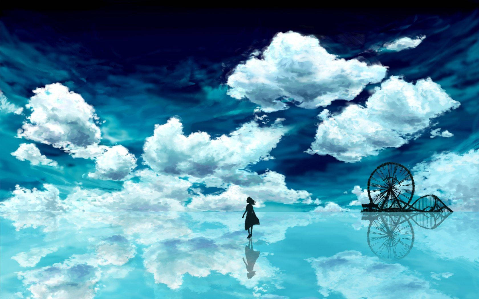 動畫風景 桌布 壁紙 — 一個孤獨的剪影在反射性的藍綠色平面上行走，下方是充滿蓬鬆白雲和遠處摩天輪的戲劇性天空。