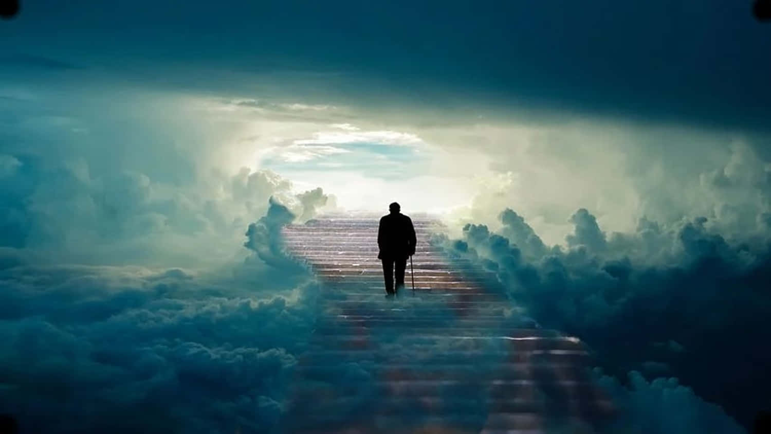 死亡 桌布 壁紙 — 一個孤獨的剪影在發光的樓梯上向上行走，穿過旋轉的雲層，走向耀眼的光芒。