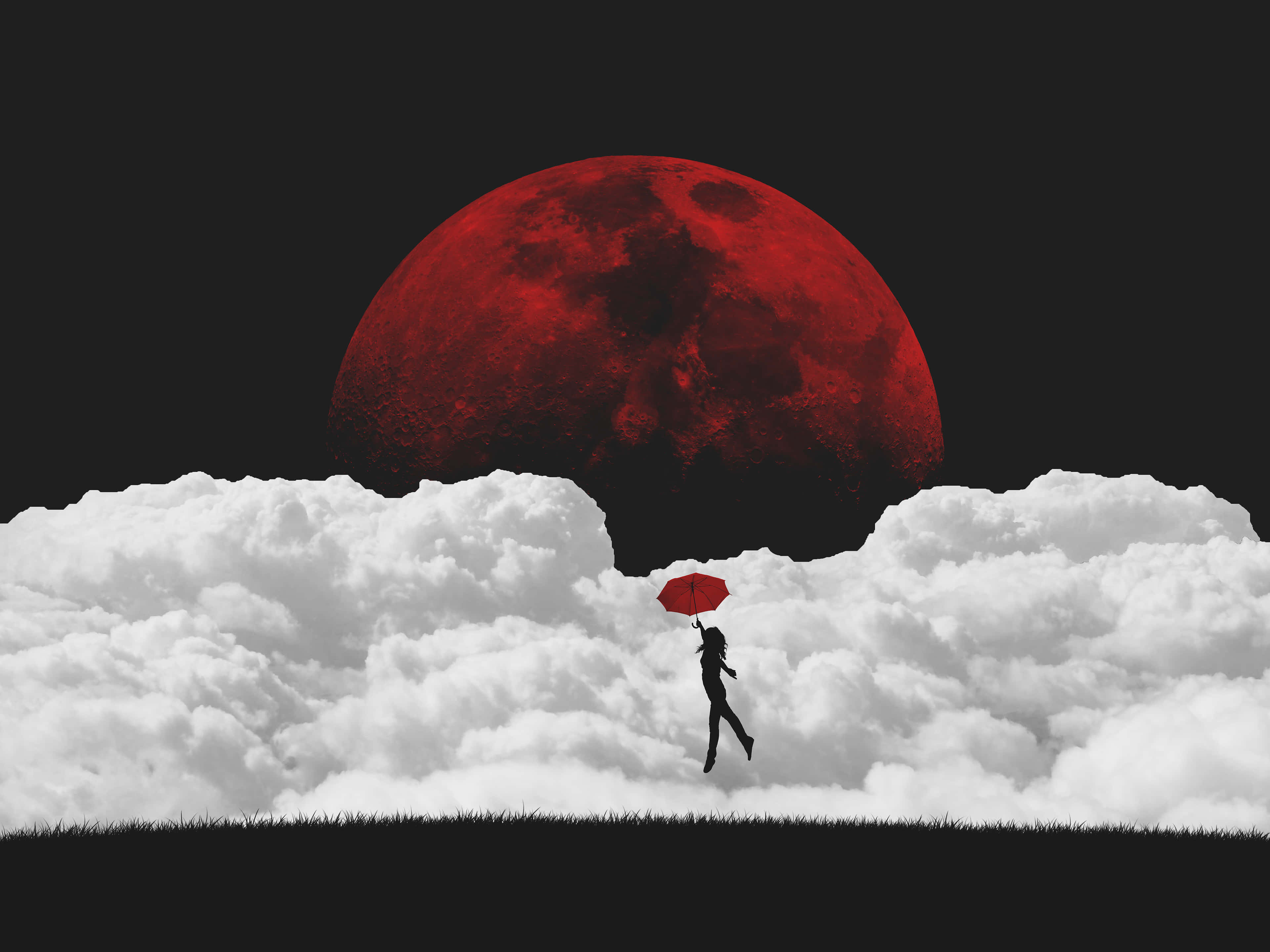 blood moon 桌布 壁紙 — 一個孤獨的剪影在雲端行走，手持紅色雨傘，下方是巨大的紅色月亮。