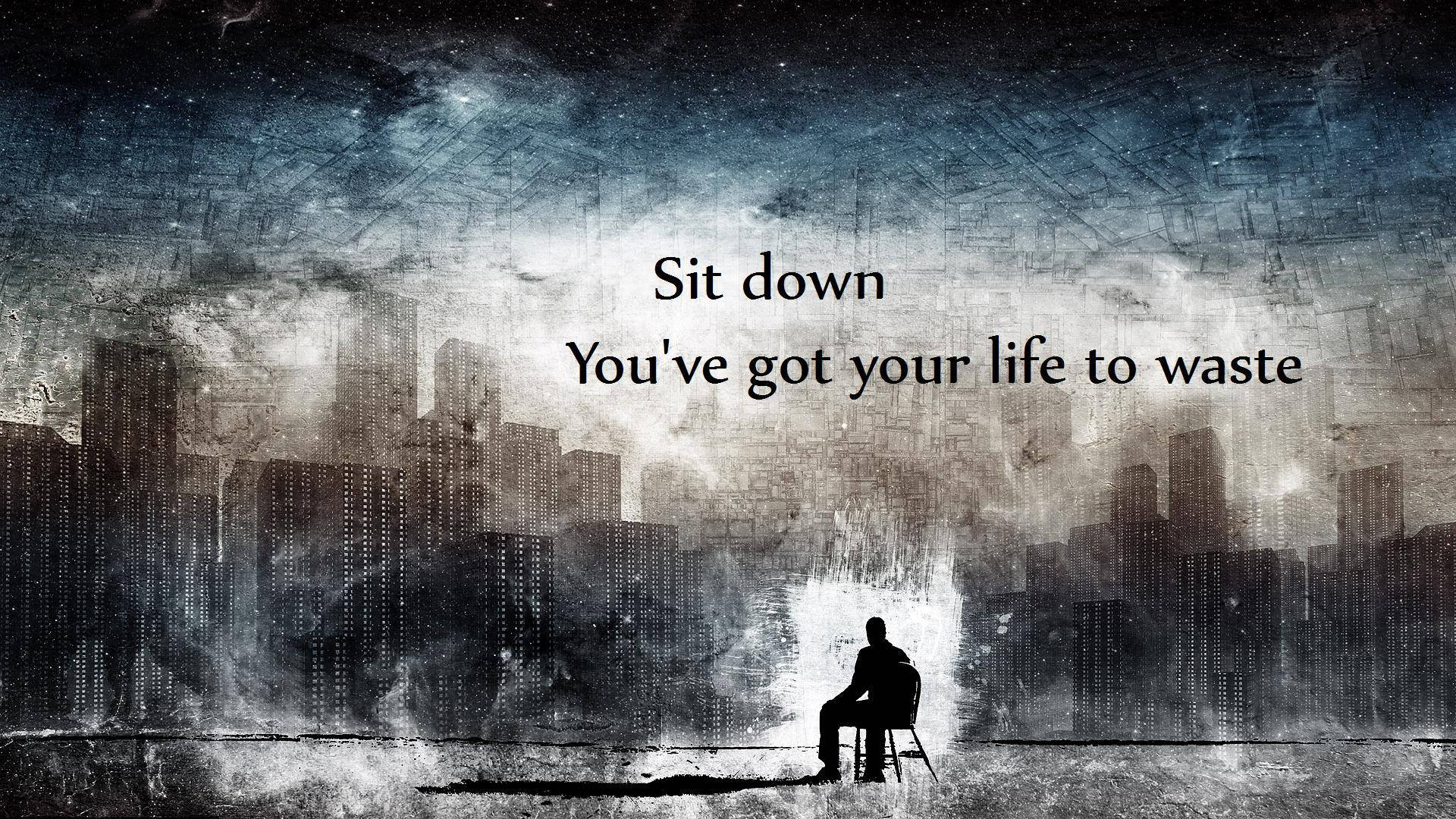 Sad Depressing 桌布 壁紙 — 一個孤獨的剪影坐在椅子上，背景是粗糙的城市天際線，在繁星夜空下，有文字疊加。