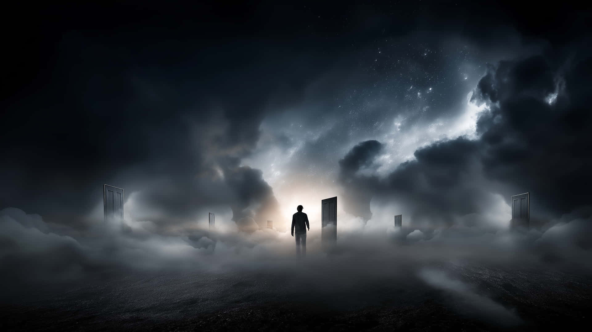 Ethereal Landscape of Portals - Dark Pathways to Other Worlds 壁紙 — 一個孤獨的剪影穿過霧雲，走向發光的門，在繁星點點的暴風雨天空下。