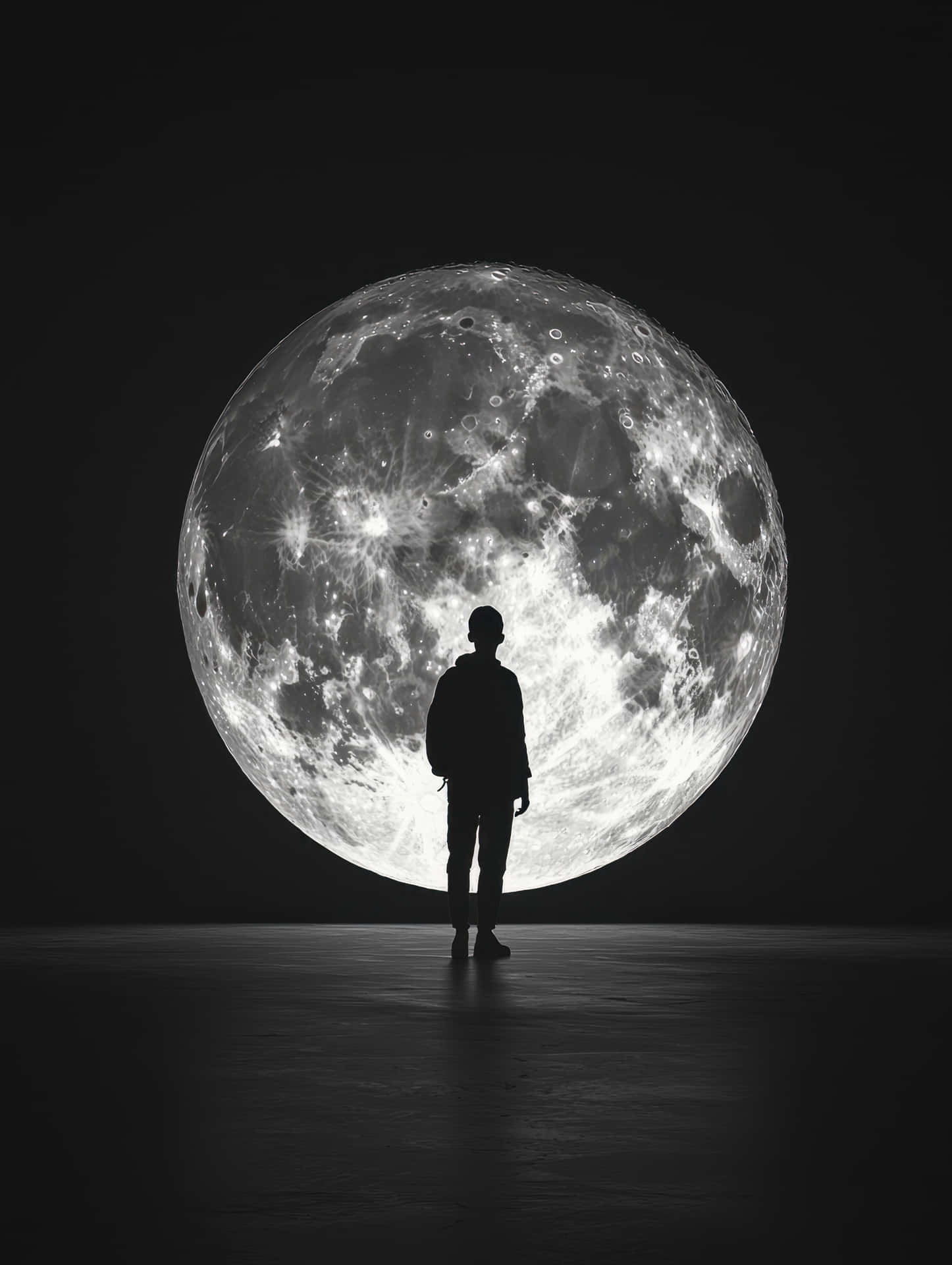 Silhouette of a Person Standing Against a Glowing Full Moon in Dark 壁紙 — 一個孤獨的剪影站在一個巨大而細節豐富的月亮前，月亮在漆黑的虛空中發光。