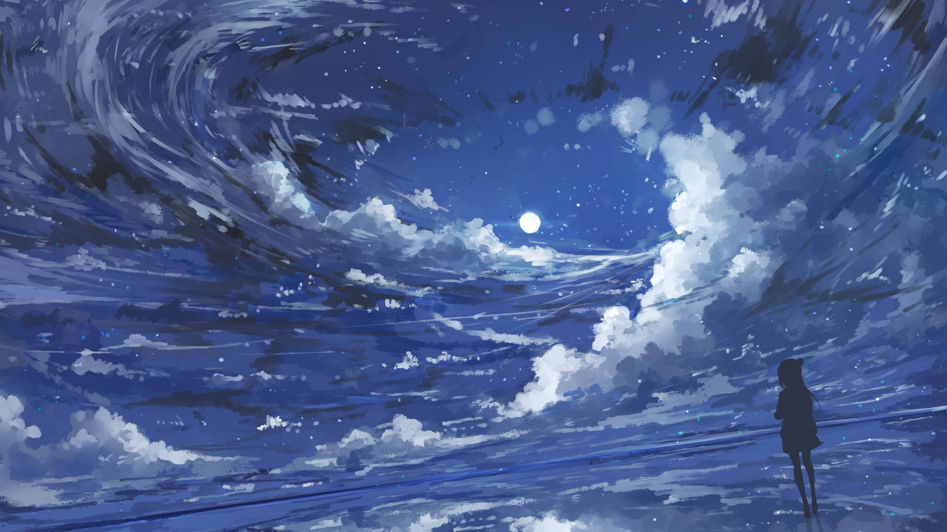一個女孩獨自站在旋轉的星空下，伴隨著發光的月亮。 — 動畫風景 壁紙