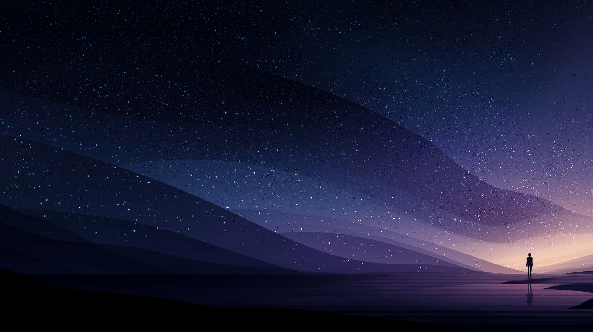 Solitary Figure Beneath a Vast, Star-Dusted Twilight Sky 壁紙 — 一個孤獨的剪影站在反射表面上，背景是帶有紫色和藍色漸層的星空夜空。