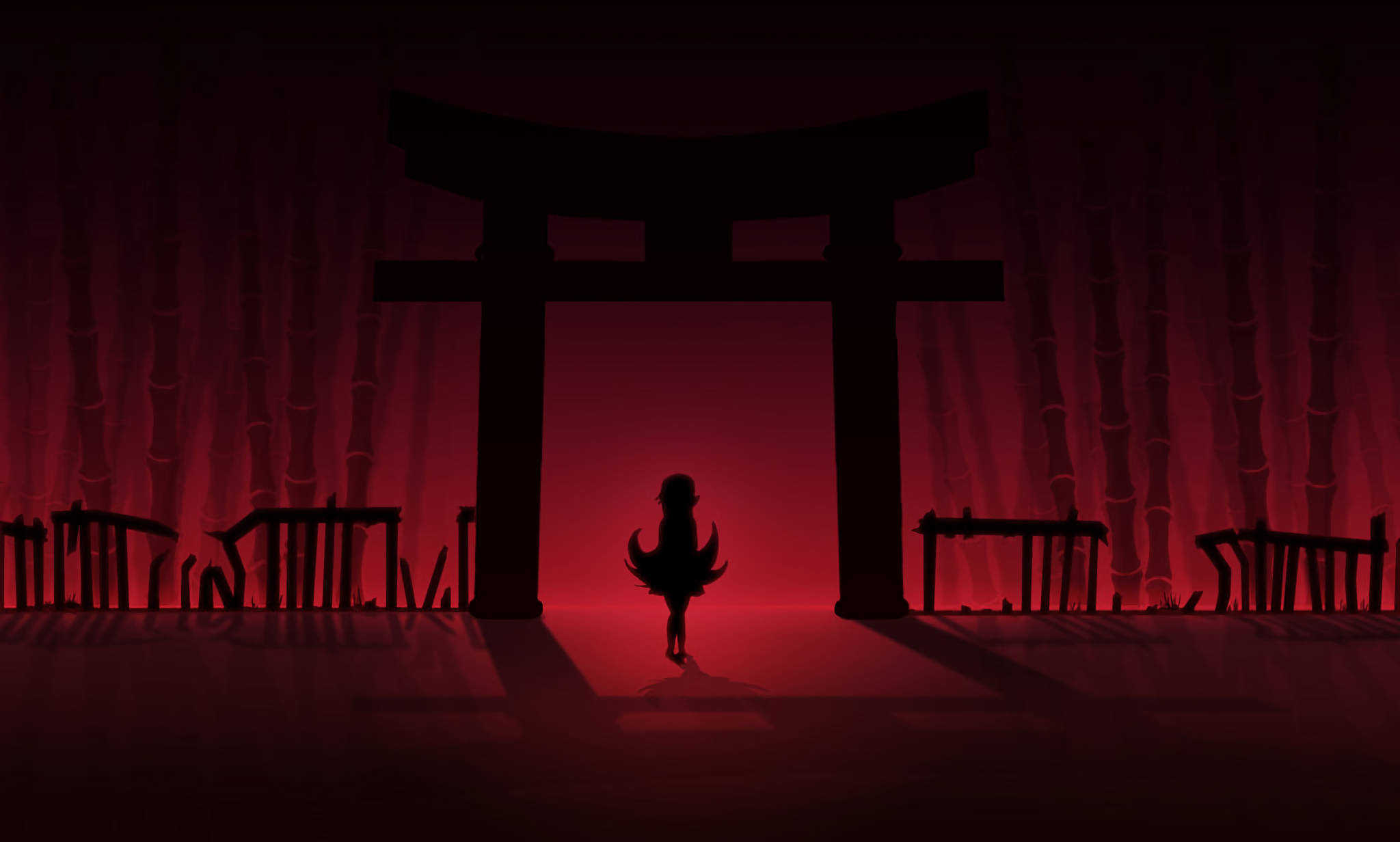 Monogatari 桌布 壁紙 — 一個孤獨的剪影站在鳥居前，身處被詭異紅光籠罩的竹林之中。