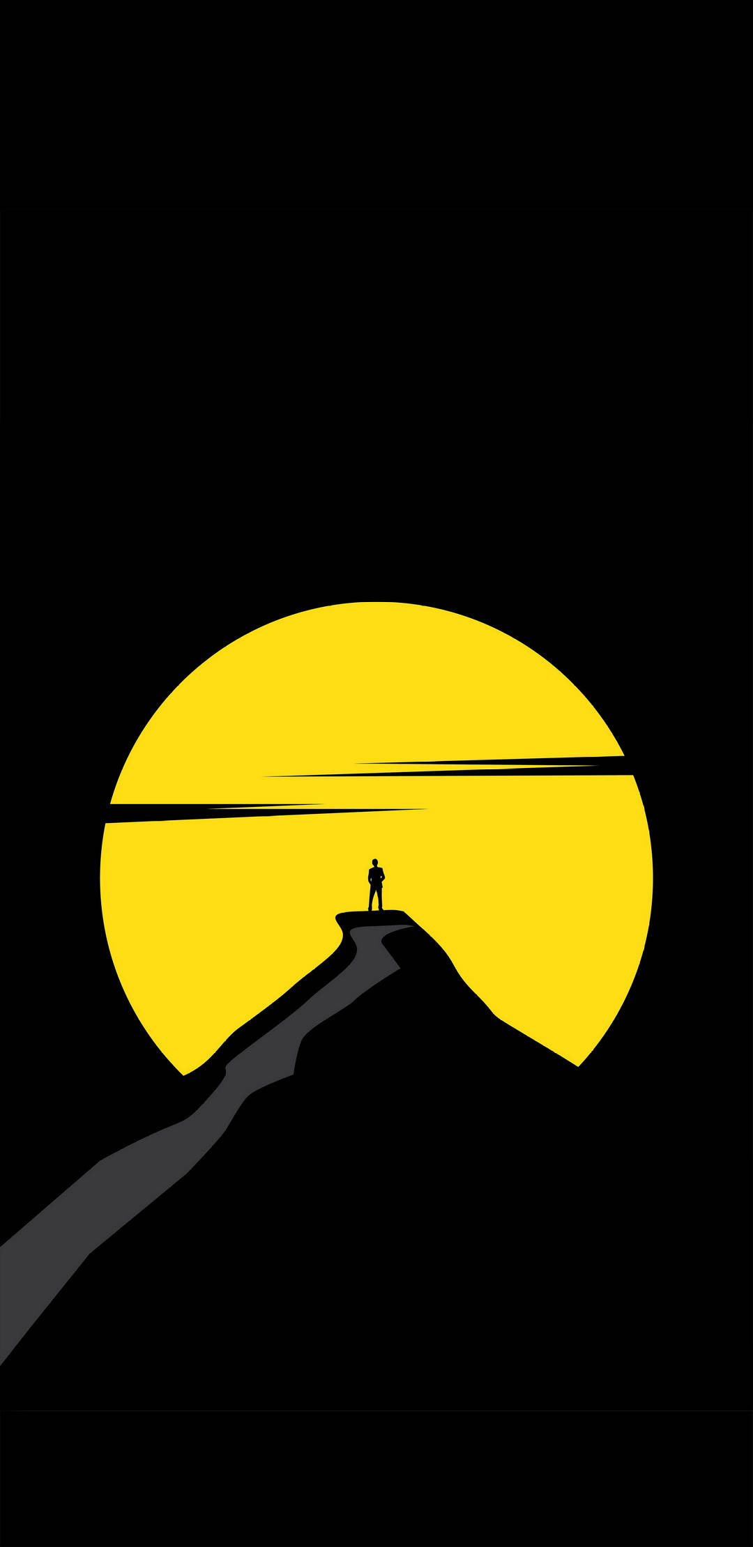 AMOLED 桌布 壁紙 — 一個孤獨的剪影站在黑暗的山頂上，背後是巨大的發光黃色太陽。