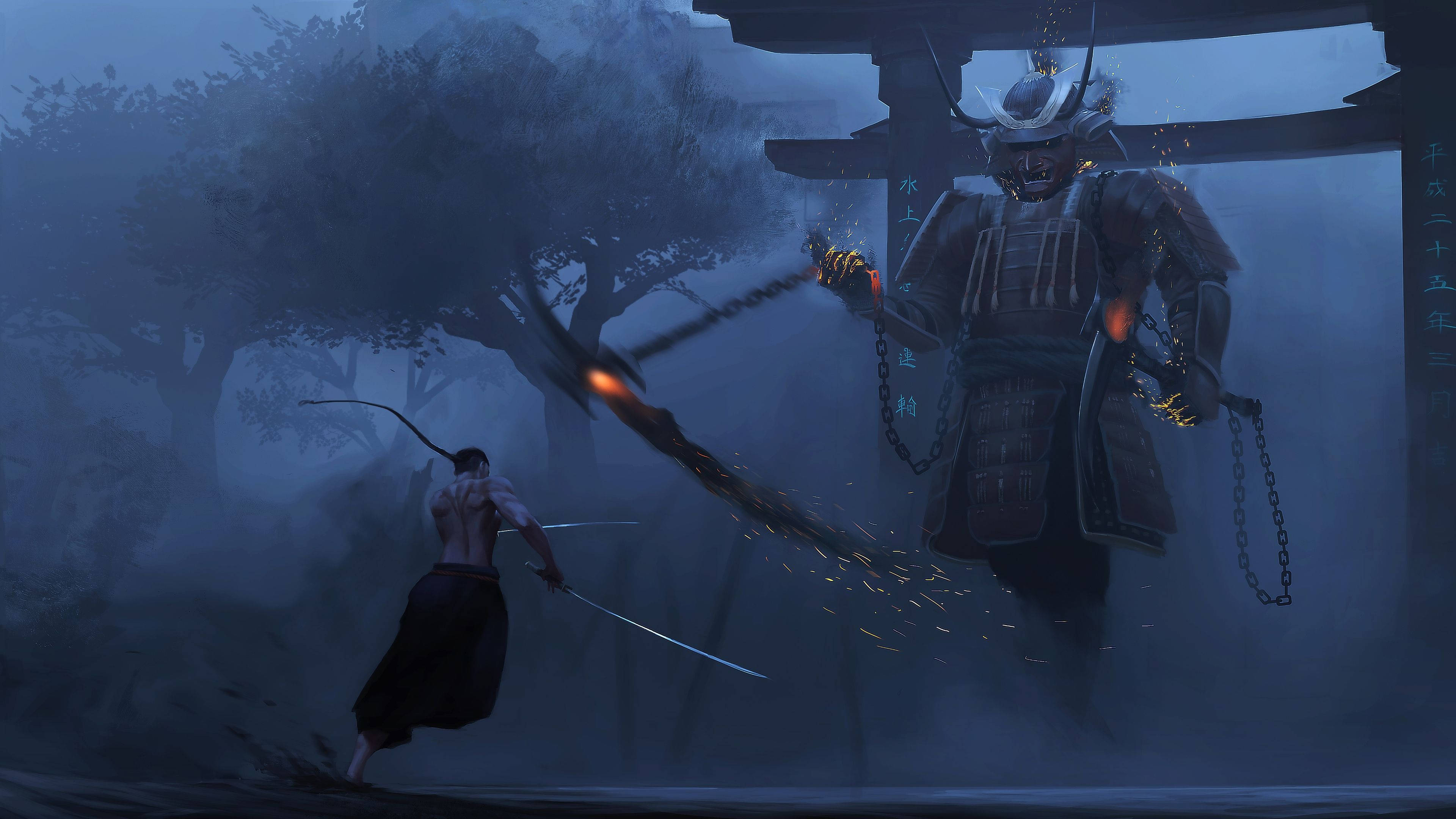 Samurai Art 桌布 壁紙 — 一個孤獨的劍客在夜晚的霧氣鳥居下與一個揮舞著火焰鎖鏈的武士幽靈戰鬥。