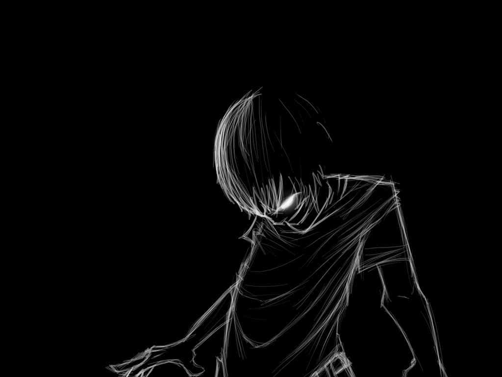 Horror Icons 桌布 壁紙 — 一個孤獨的動漫人物，眼睛發光，帶有白色素描線條，站在漆黑的黑暗中，低垂著頭，陷入寂靜的孤獨。