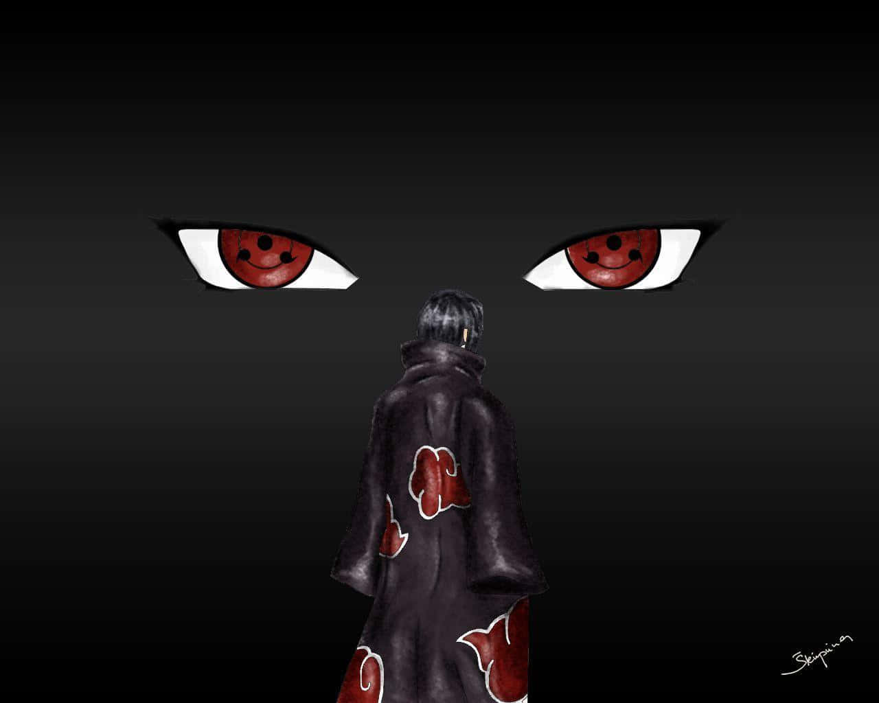 Itachi Mangekyou Sharingan 桌布 壁紙 — 一個孤獨的動漫人物，身穿帶有紅色雲紋的黑色斗篷，站在黑暗中發光的兩個巨大紅色寫輪眼前。