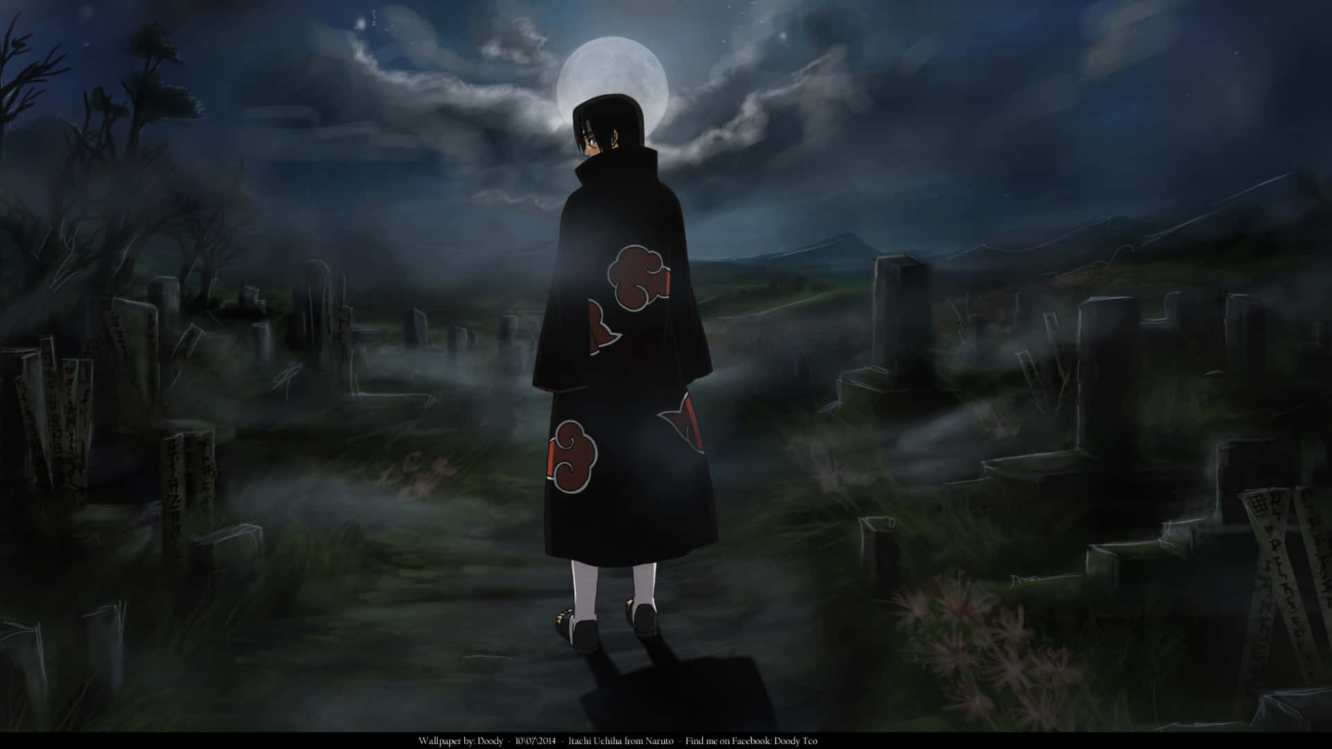 Cemetery 桌布 壁紙 — 一個孤獨的動漫人物，身穿帶有紅雲圖案的黑色斗篷，在滿月下走過霧氣瀰漫的墓地。