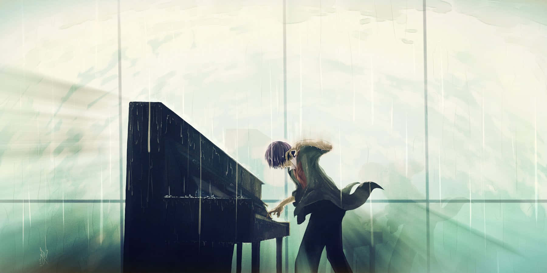 動漫男孩 桌布 壁紙 — 一個孤獨的動漫人物在傾盆大雨中彈奏鋼琴，背景是朦朧的綠色窗戶。