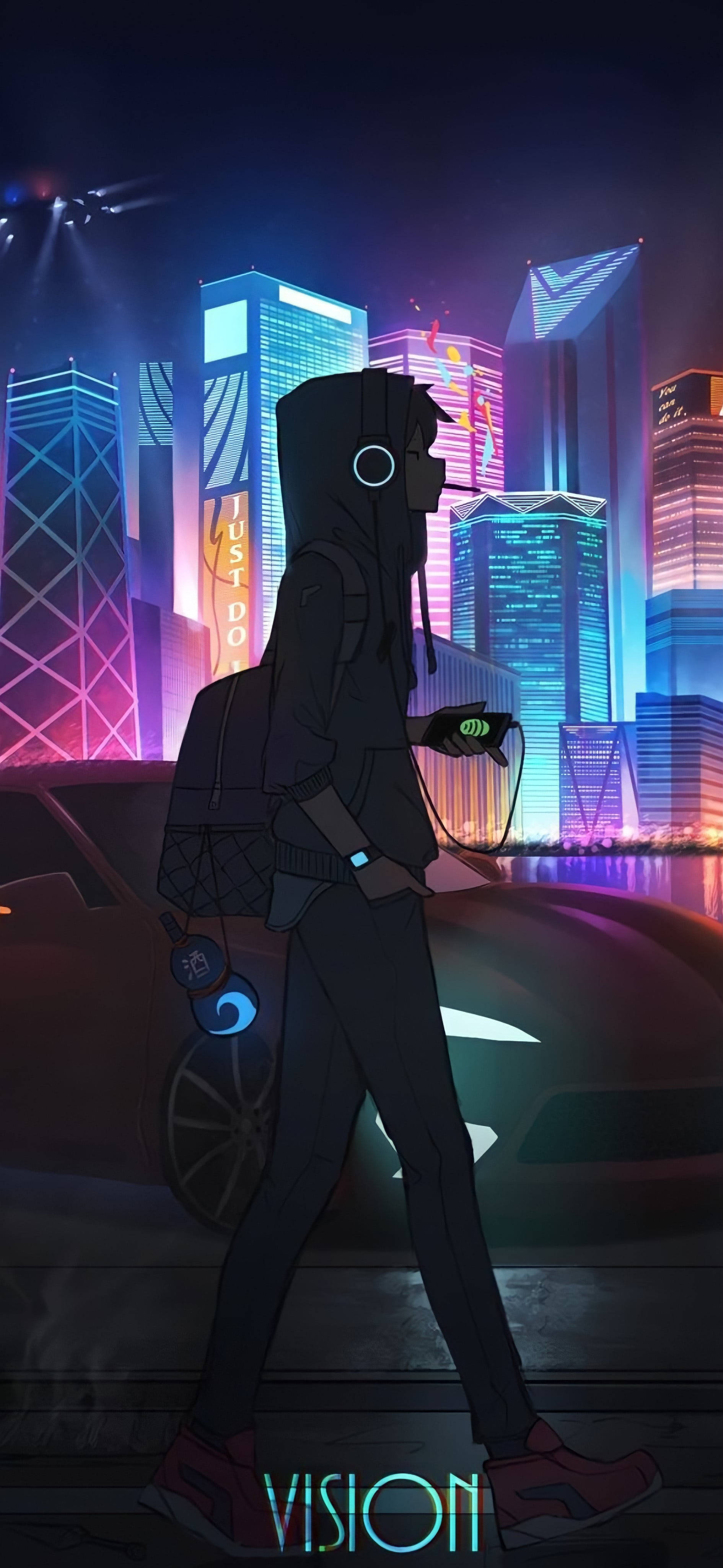 美學 桌布 壁紙 — 一個孤獨的動漫人物在夜晚走過一輛發光的汽車，背景是霓虹燈照亮的未來城市天際線。