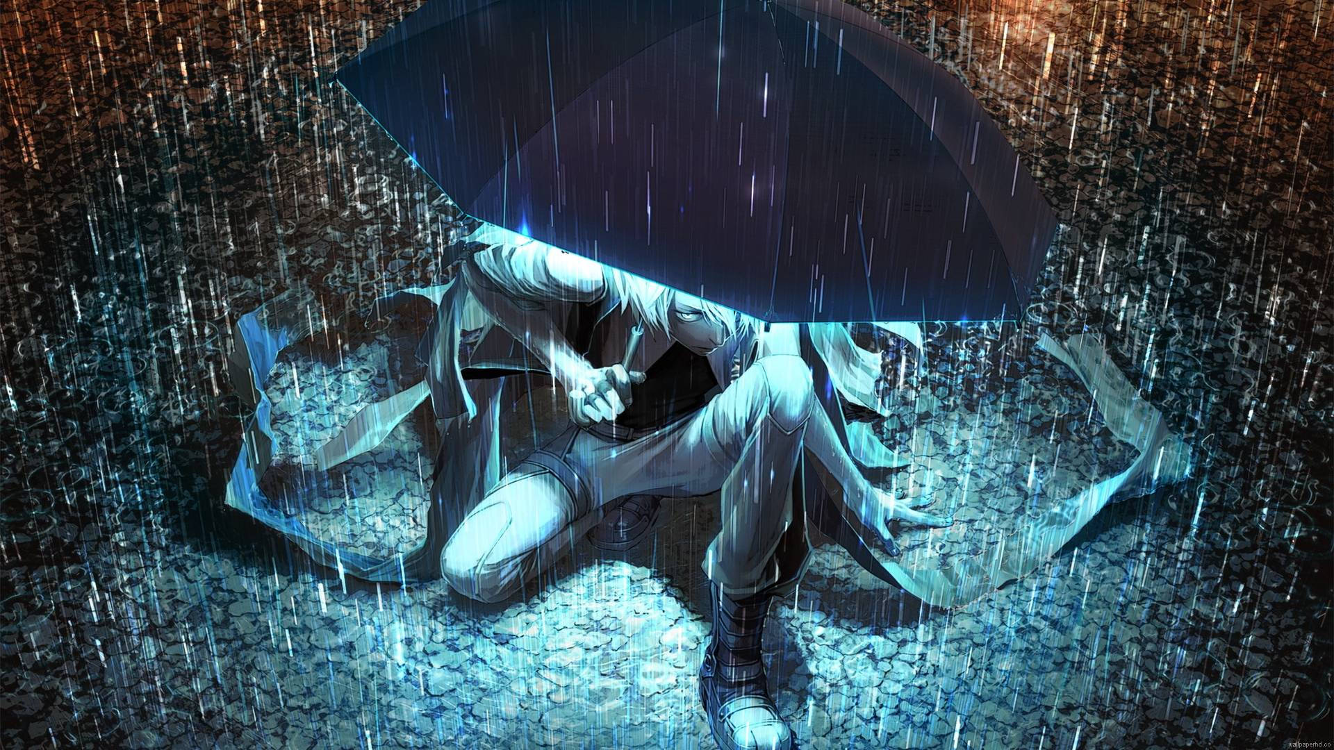 動漫男孩 桌布 壁紙 — 一個孤獨的動漫人物在數位暴雨中蹲在黑色雨傘下，發光的藍光照亮他們濕透的身形。