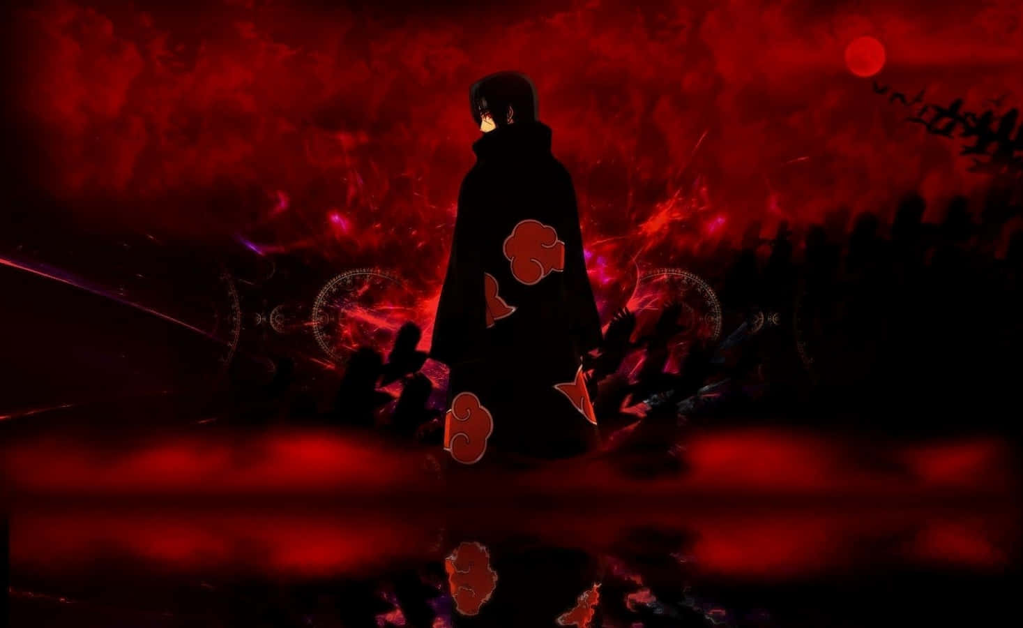 Akatsuki Symbol 桌布 壁紙 — 一個孤獨的動漫人物穿著帶有紅色雲紋的黑色斗篷，在旋轉的深紅色天空背景下，與發光的球體和漂浮的時鐘齒輪形成剪影。