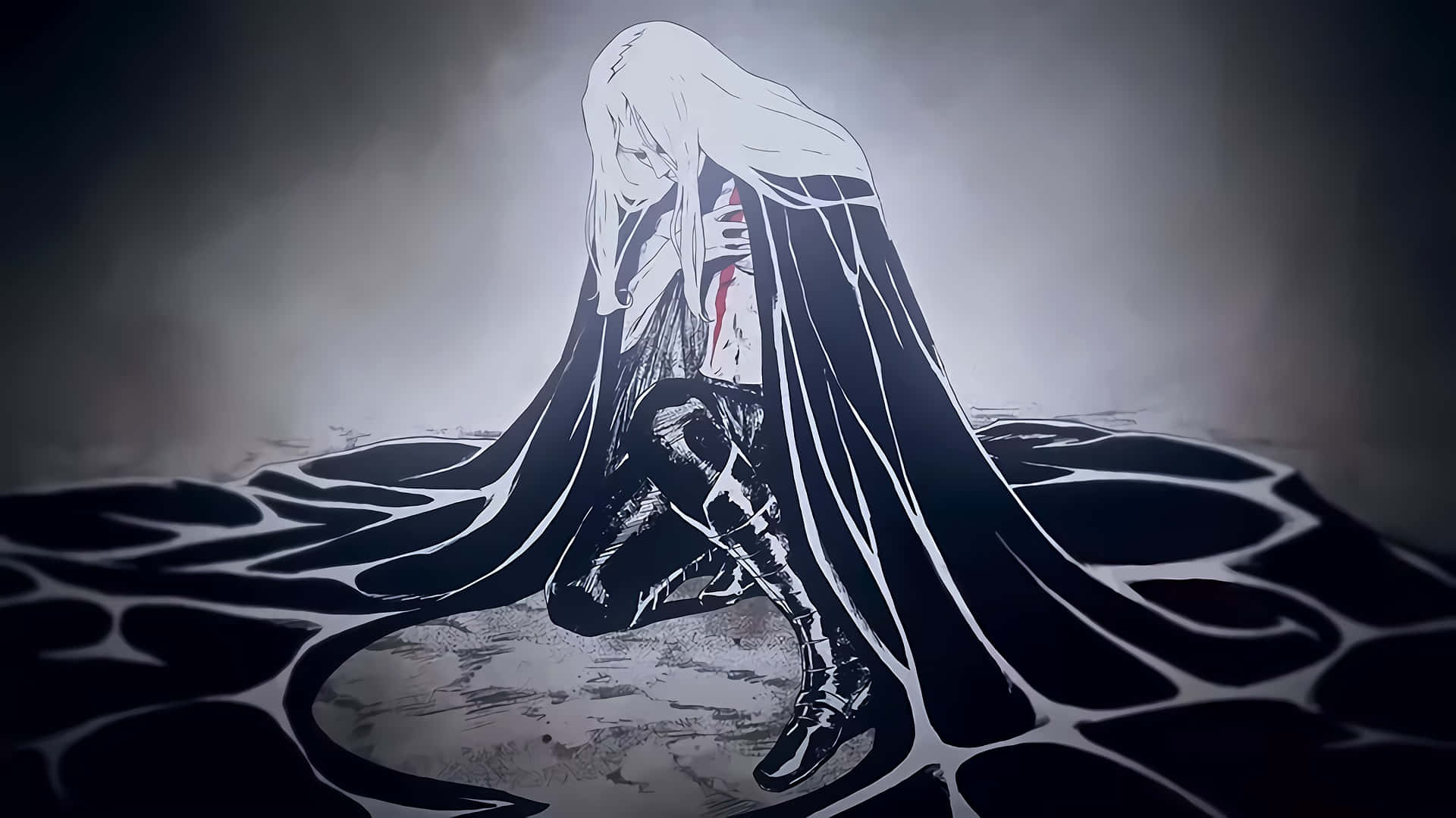 Castlevania 桌布 壁紙 — 一個孤獨的動漫人物穿著飄逸的黑色斗篷，在黑暗旋轉的虛空中跪著，手染鮮血，喚起絕望。