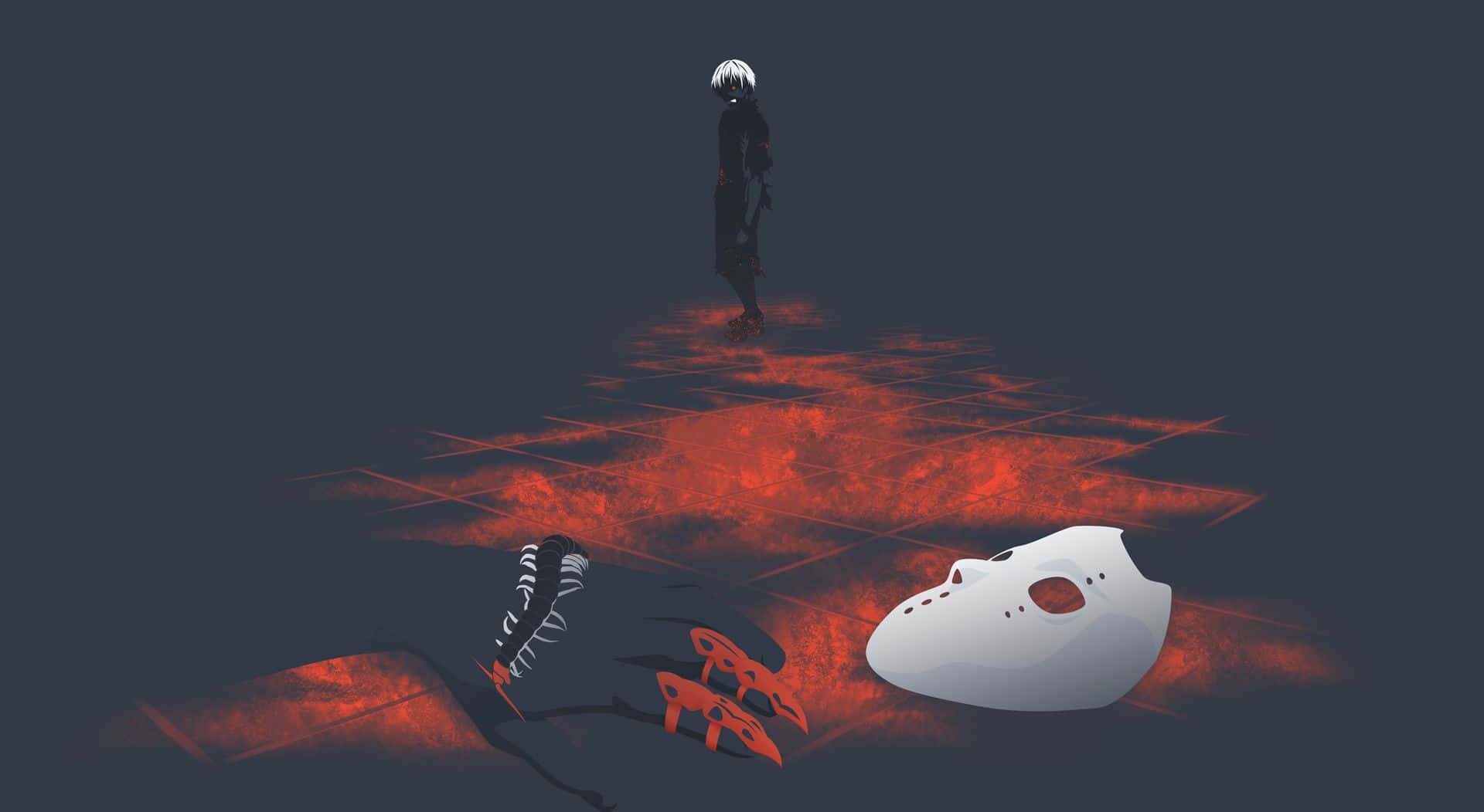 Sui Ishida 桌布 壁紙 — 一個孤獨的動漫人物站在發光的紅色路徑上，而一個白色面具和一把斷劍則躺在黑暗背景的前景中。