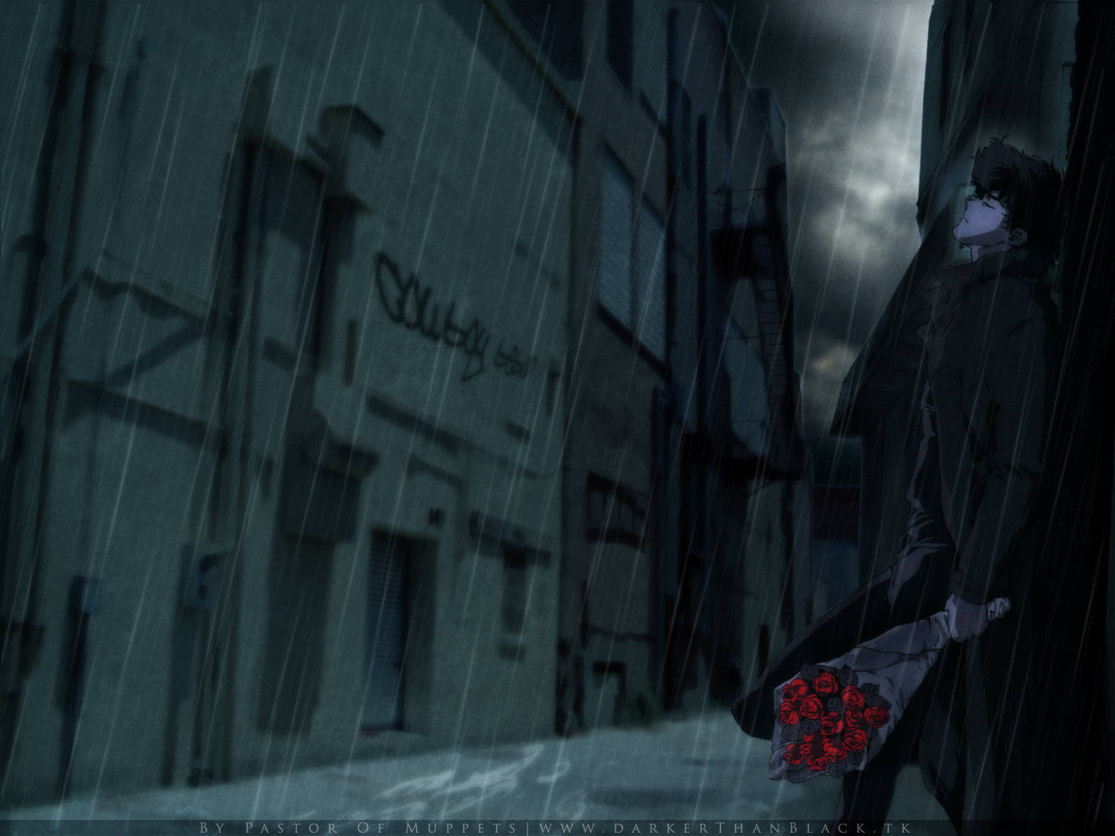 Cowboy Bebop Desktop 桌布 壁紙 — 一個孤獨的動漫人物站在被雨水浸濕的小巷中，在陰沉天空下手持紅玫瑰。