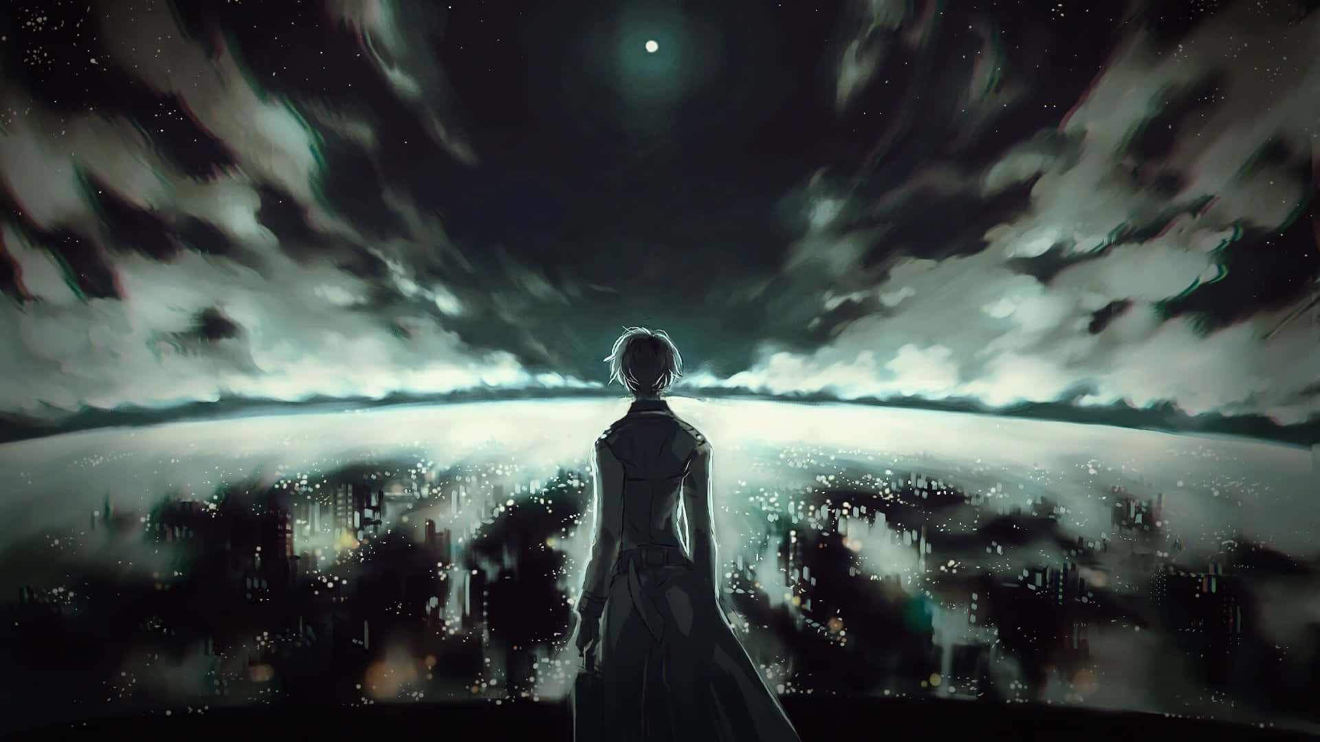 Creepy Aesthetic 桌布 壁紙 — 一個孤獨的動漫人物站在閃爍的城市景觀之上，背景是繁星點點的夜空和漩渦狀的雲層。