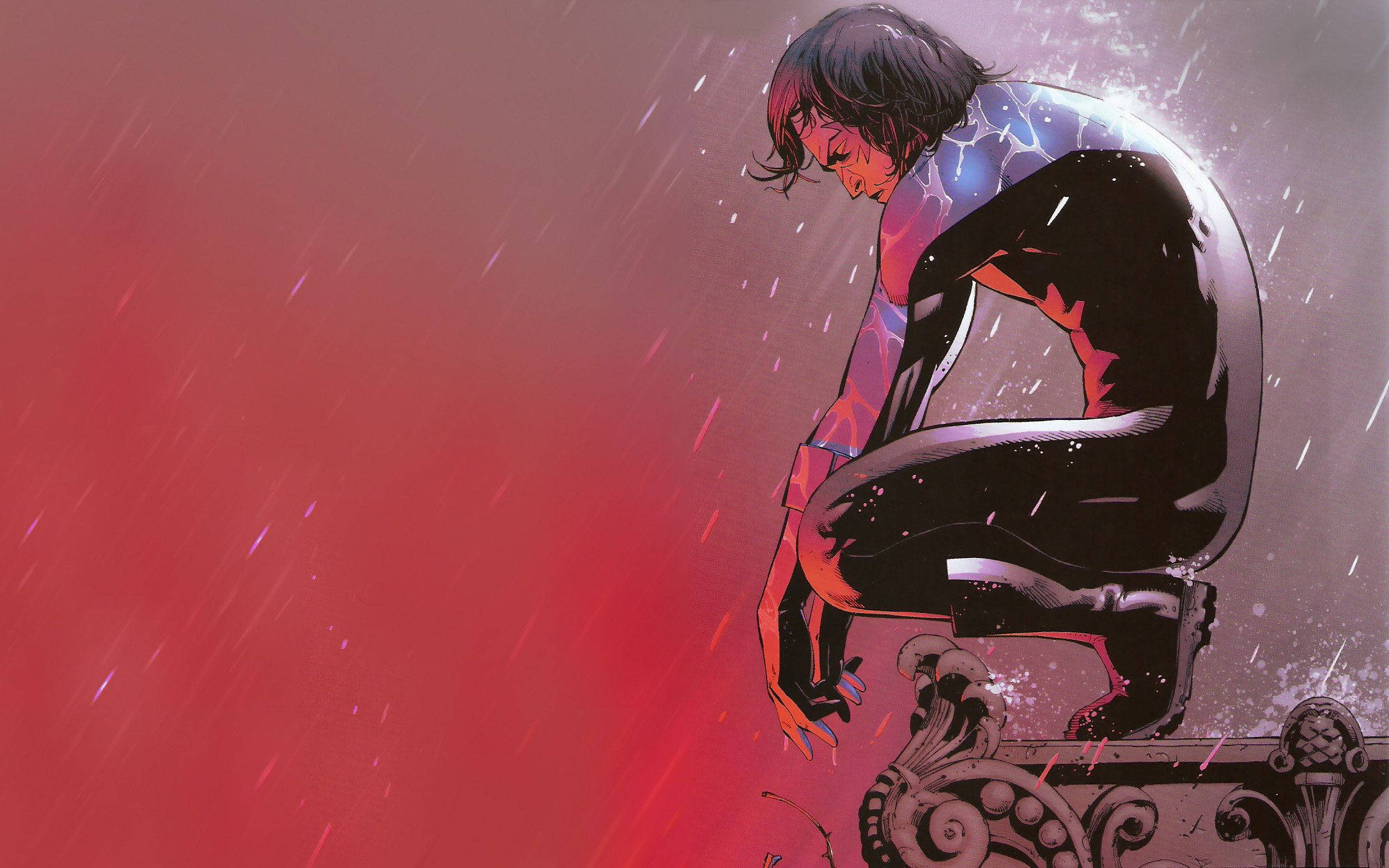 Nightwing 桌布 壁紙 — 一個孤獨的動漫人物蜷縮在華麗的長椅上，雨水劃過鮮紅和灰色的天空。