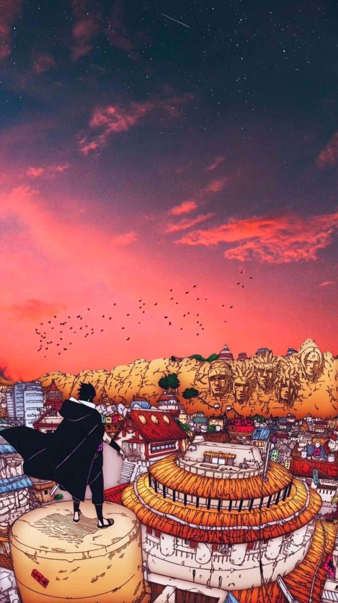 Konoha 桌布 壁紙 — 一個孤獨的動漫人物身穿黑色斗篷，站在塔頂俯瞰著充滿活力的日落城市景觀，山坡上有巨大的石頭面孔。