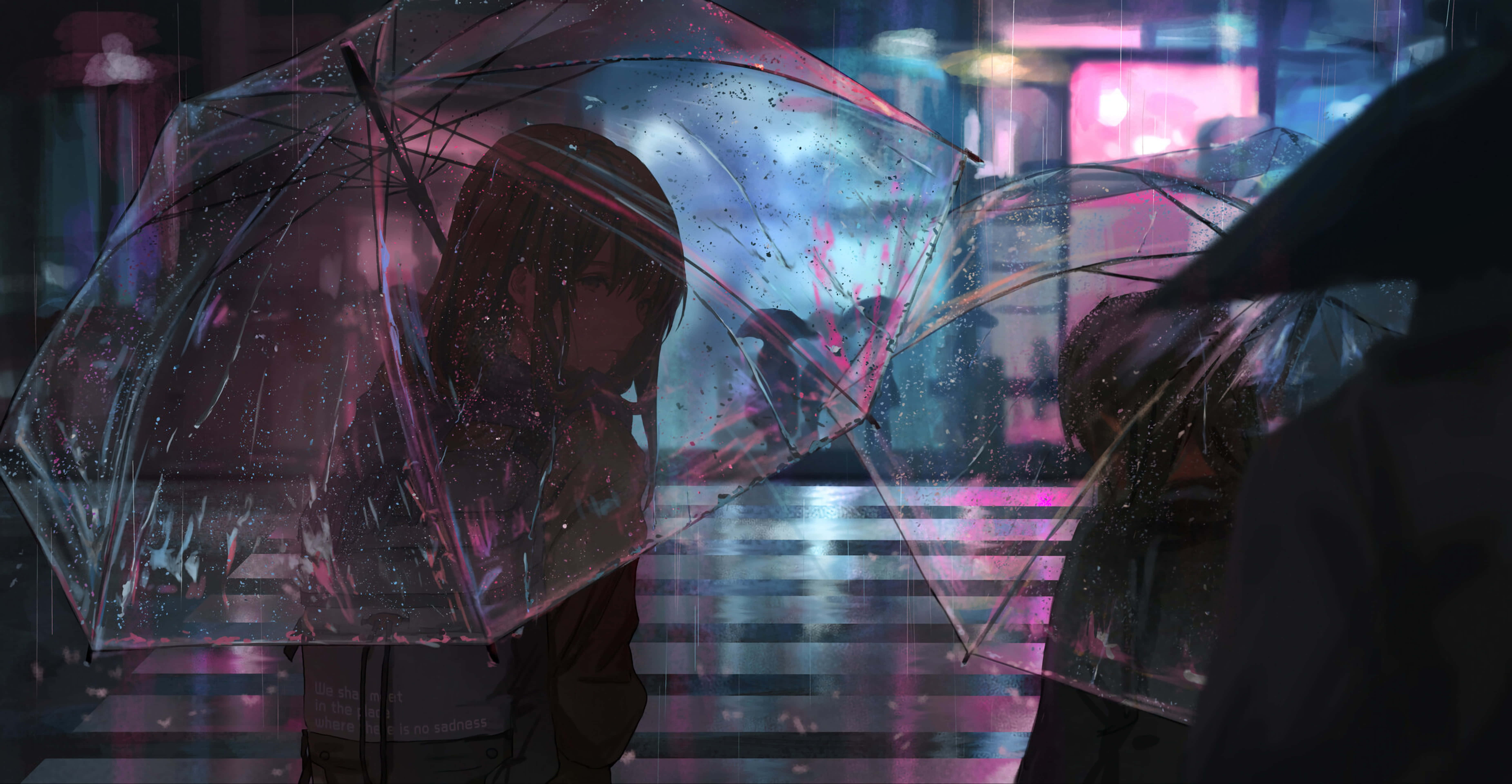 lofi 桌布 壁紙 — 一個孤獨的動漫女孩，棕色頭髮，在夜晚霓虹燈閃爍的雨街撐著透明雨傘。