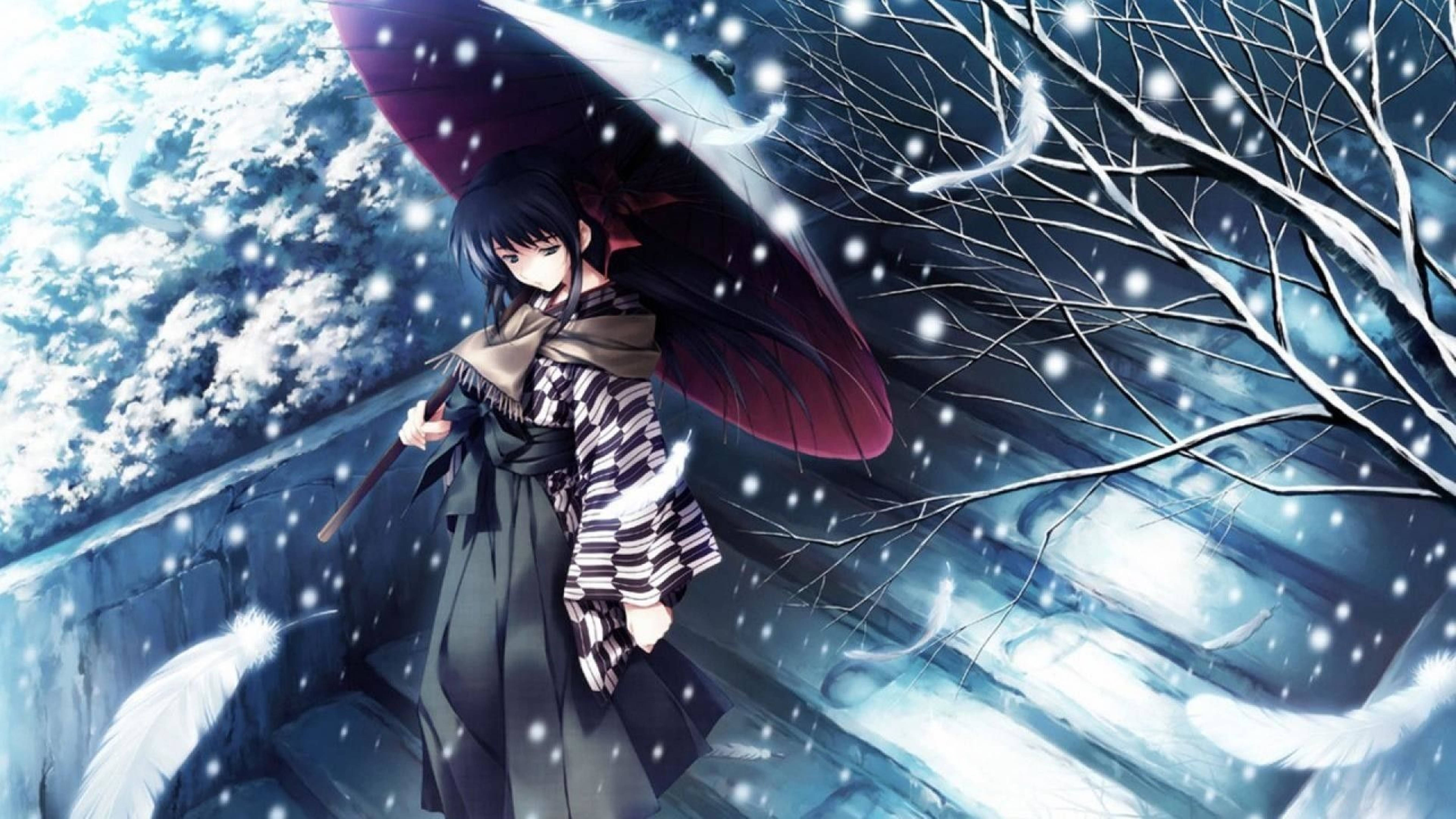 冬季雪中，動漫女孩撐著紅色雨傘，白色羽毛在她周圍飄浮。 — 動畫風景 壁紙