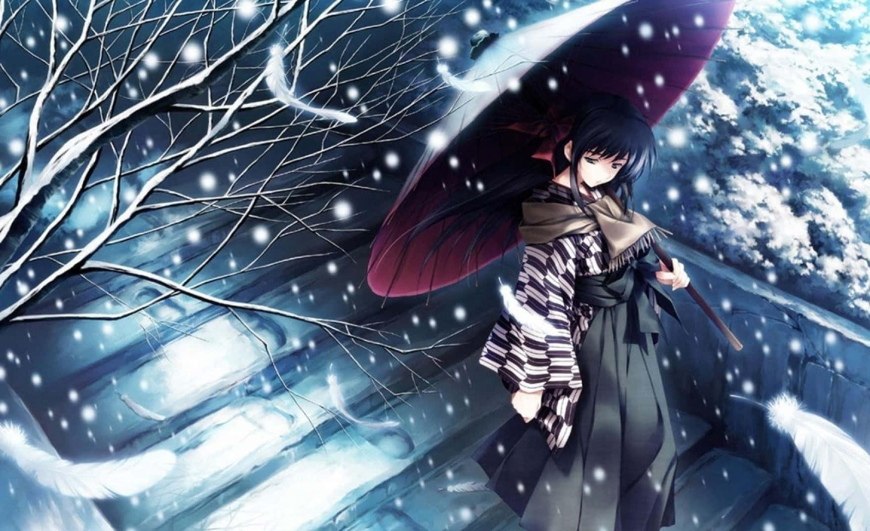 可憐動漫 桌布 壁紙 — 一個孤獨的動漫女孩，深色頭髮，在飄落的雪中，在光禿禿的冬季樹旁，拿著一把紅傘。